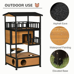 PawHut Wooden Outdoor Cat House, Feral Cat Shelter Kitten Condo with Asphalt Roof, Escape Doors, Condo, Jumping Platform, Yellow