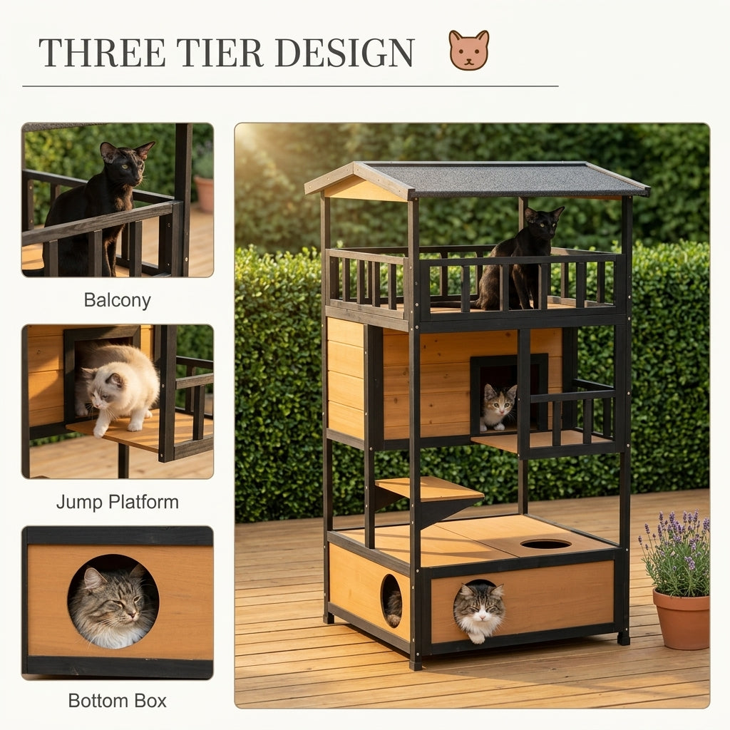 PawHut Wooden Outdoor Cat House, Feral Cat Shelter Kitten Condo with Asphalt Roof, Escape Doors, Condo, Jumping Platform, Yellow