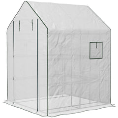 Outsunny Portable Greenhouse, Water/UV Resistant Walk-In Small Outdoor Green House with 2 Tier Flower Rack Shelves, White