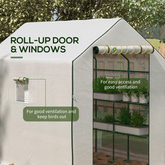 Outsunny Portable Greenhouse, Water/UV Resistant Walk-In Small Outdoor Green House with 2 Tier Flower Rack Shelves, White