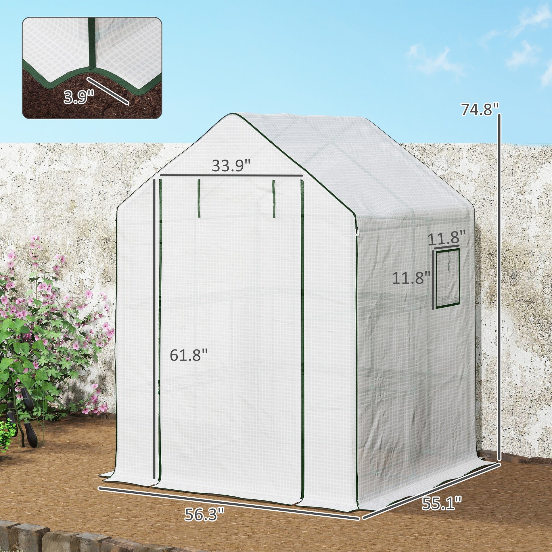 Outsunny Portable Greenhouse, Water/UV Resistant Walk-In Small Outdoor Green House with 2 Tier Flower Rack Shelves, White