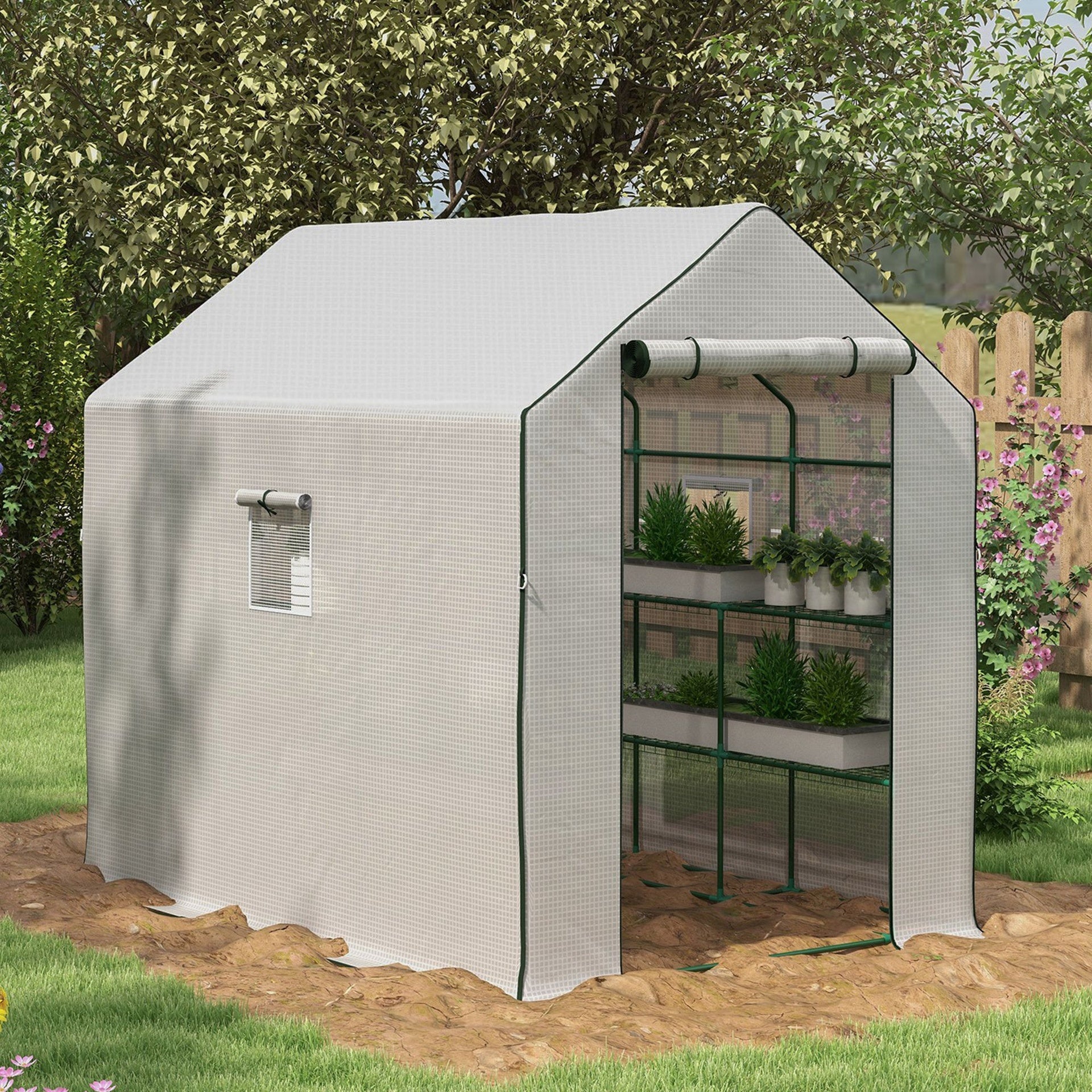 Outsunny Portable Greenhouse, Water/UV Resistant Walk-In Small Outdoor Green House with 2 Tier Flower Rack Shelves, White