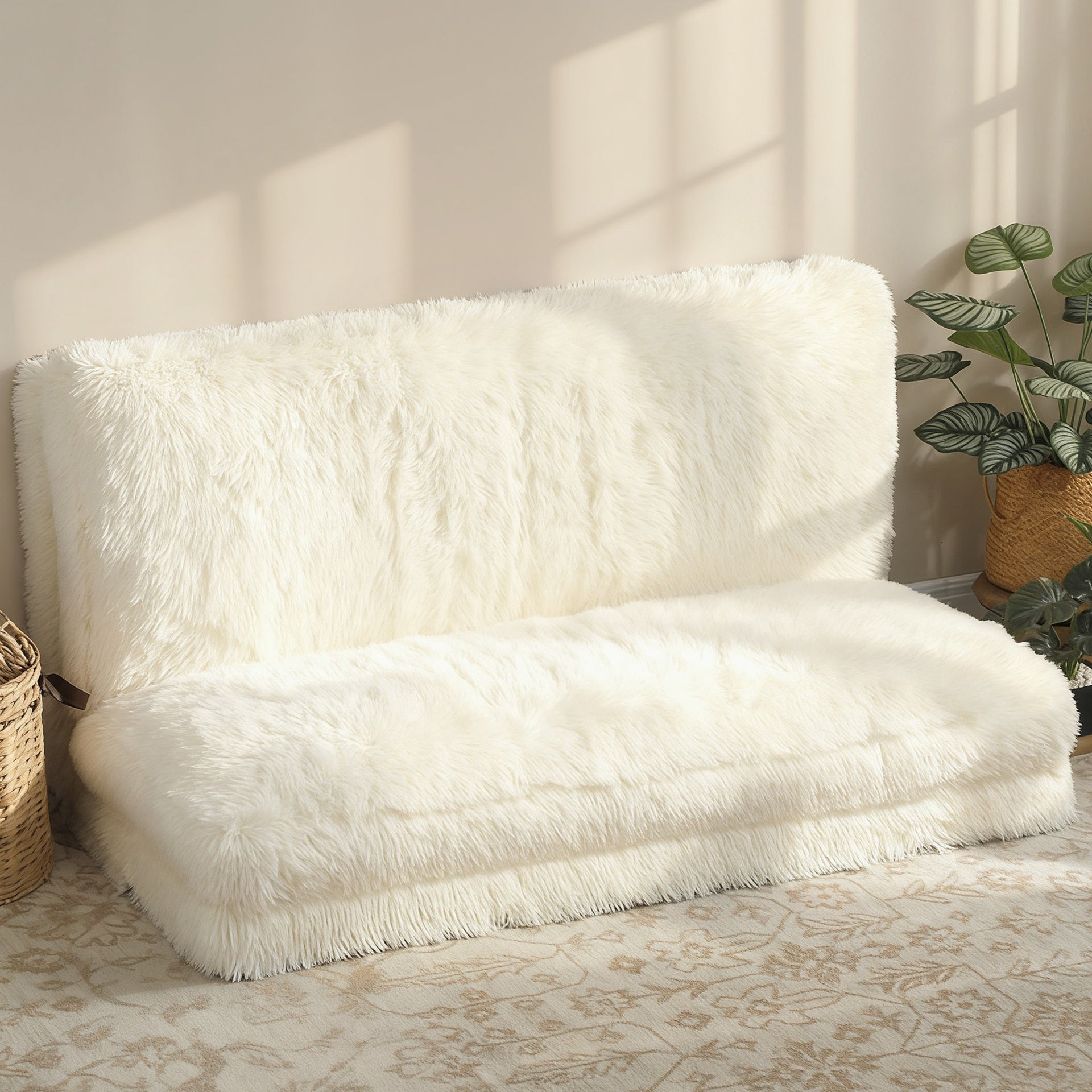 HOMCOM Bean Bag Floor Sofa Bed, Contemporary Plush Wide Folding Floor Mattress, Foam Filling Wall Couch Sleeper, Cream White
