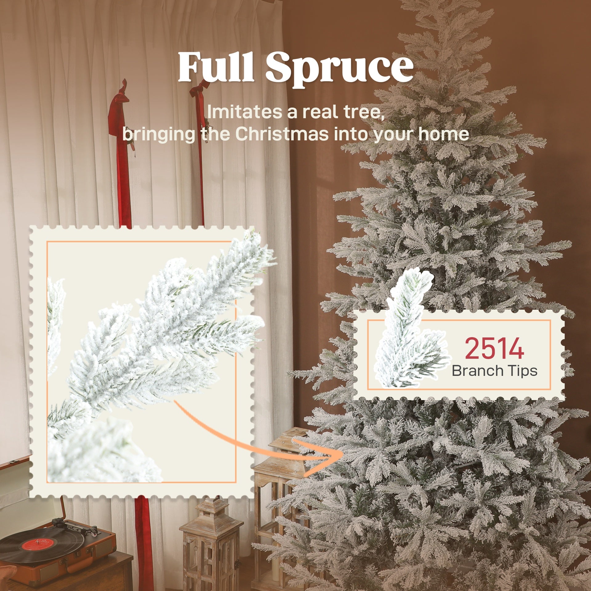 HOMCOM 9 ft Artificial Frosted Christmas Tree with Realistic Branches, Wide Full Spruce, Hinged Xmas Tree, Easy Assembly