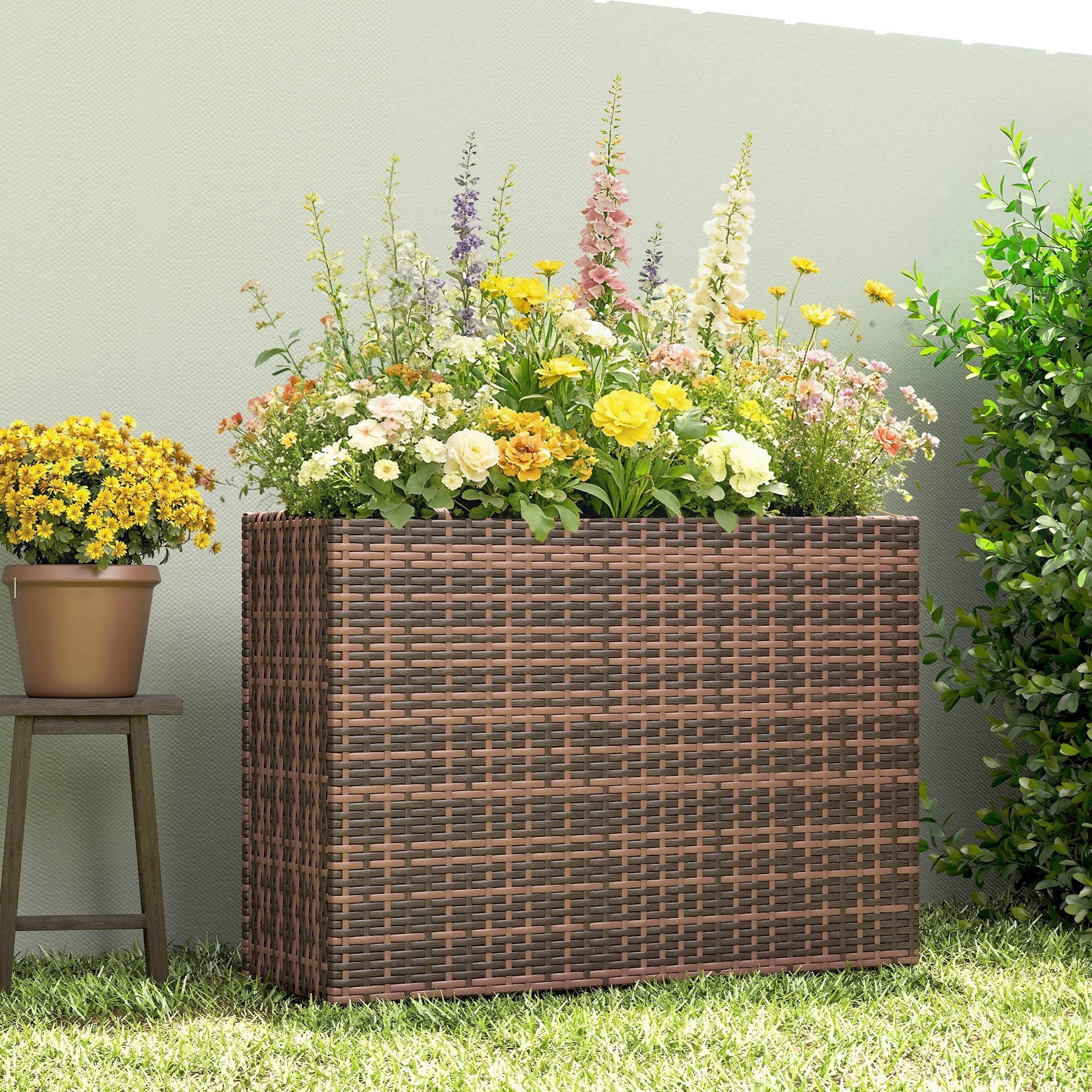 Outsunny Tall Rectangular Planter with Removable Liner, Holes, PE Wicker Large Planter Box for Indoor Outdoor Plants, Brown