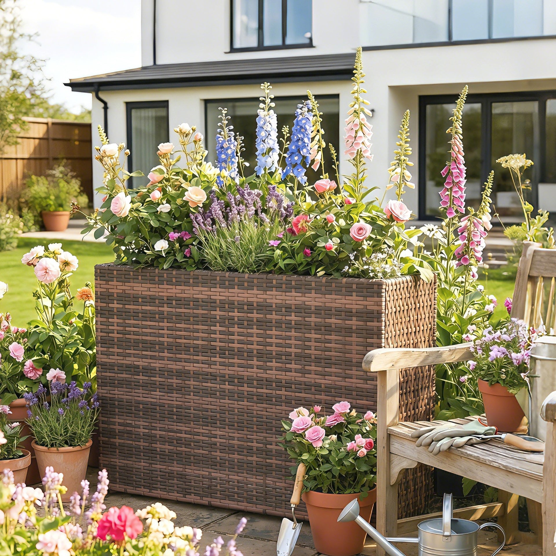 Outsunny Tall Rectangular Planter with Removable Liner, Holes, PE Wicker Large Planter Box for Indoor Outdoor Plants, Brown