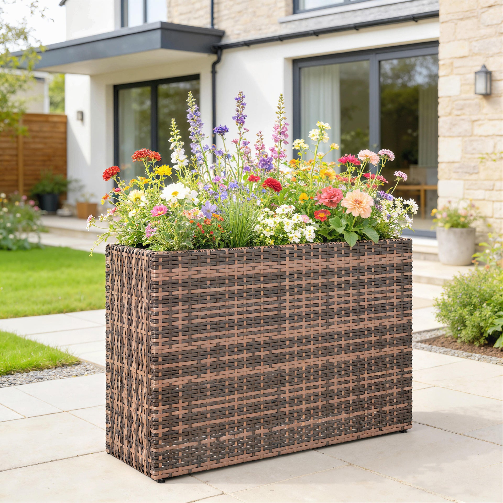 Outsunny Tall Rectangular Planter with Removable Liner, Holes, PE Wicker Large Planter Box for Indoor Outdoor Plants, Brown