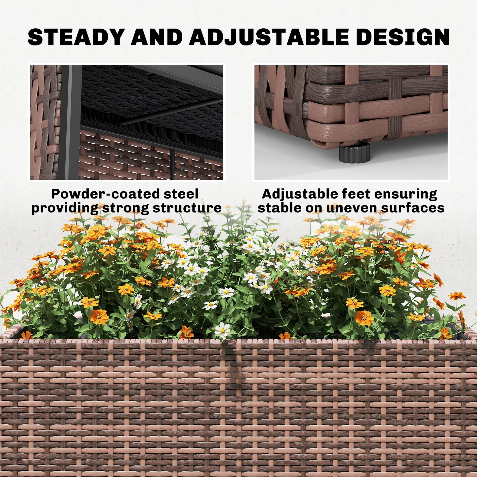 Outsunny Tall Rectangular Planter with Removable Liner, Holes, PE Wicker Large Planter Box for Indoor Outdoor Plants, Brown