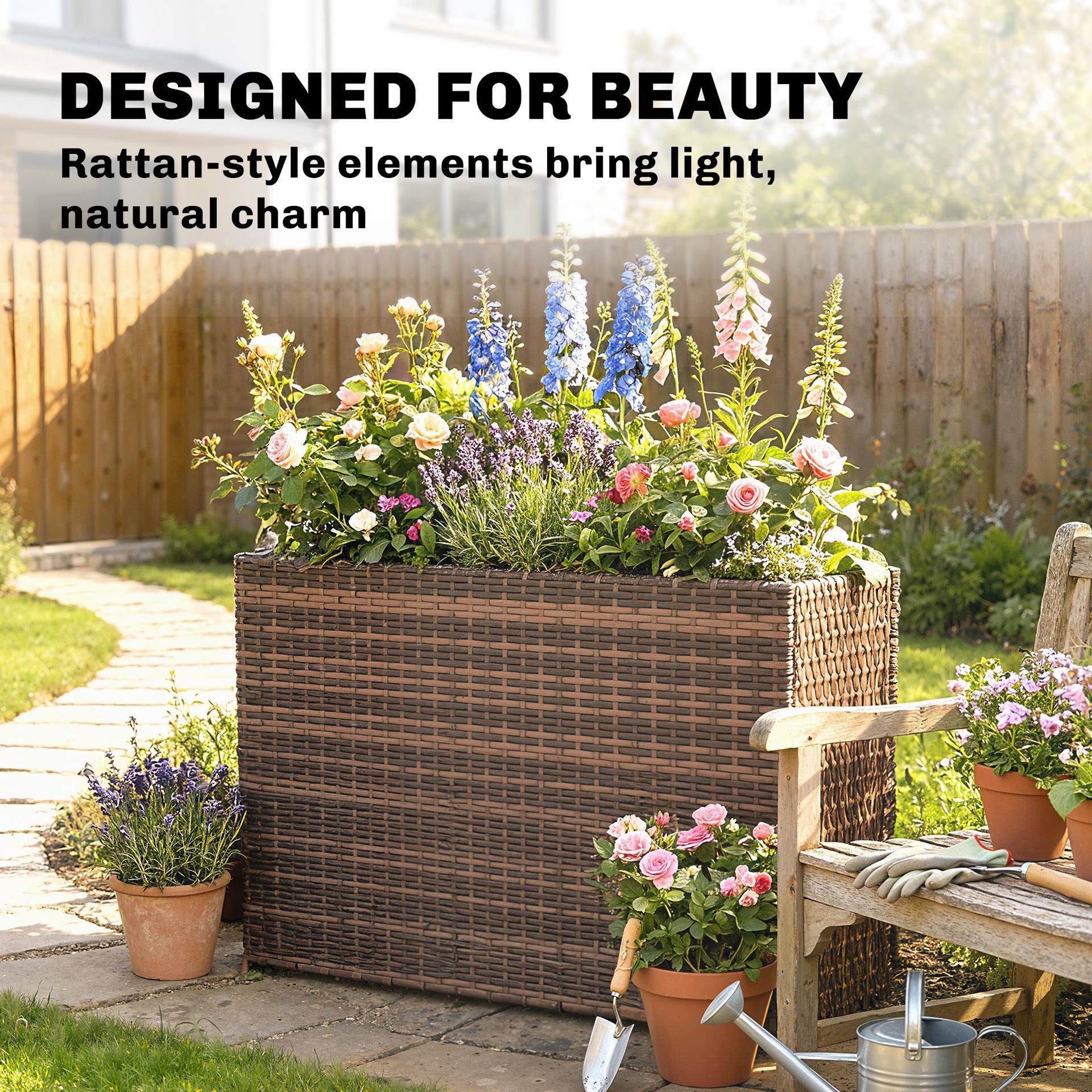 Outsunny Tall Rectangular Planter with Removable Liner, Holes, PE Wicker Large Planter Box for Indoor Outdoor Plants, Brown