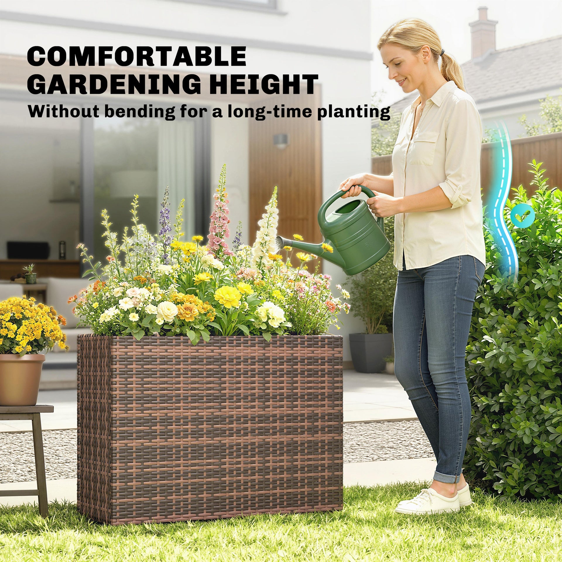 Outsunny Tall Rectangular Planter with Removable Liner, Holes, PE Wicker Large Planter Box for Indoor Outdoor Plants, Brown