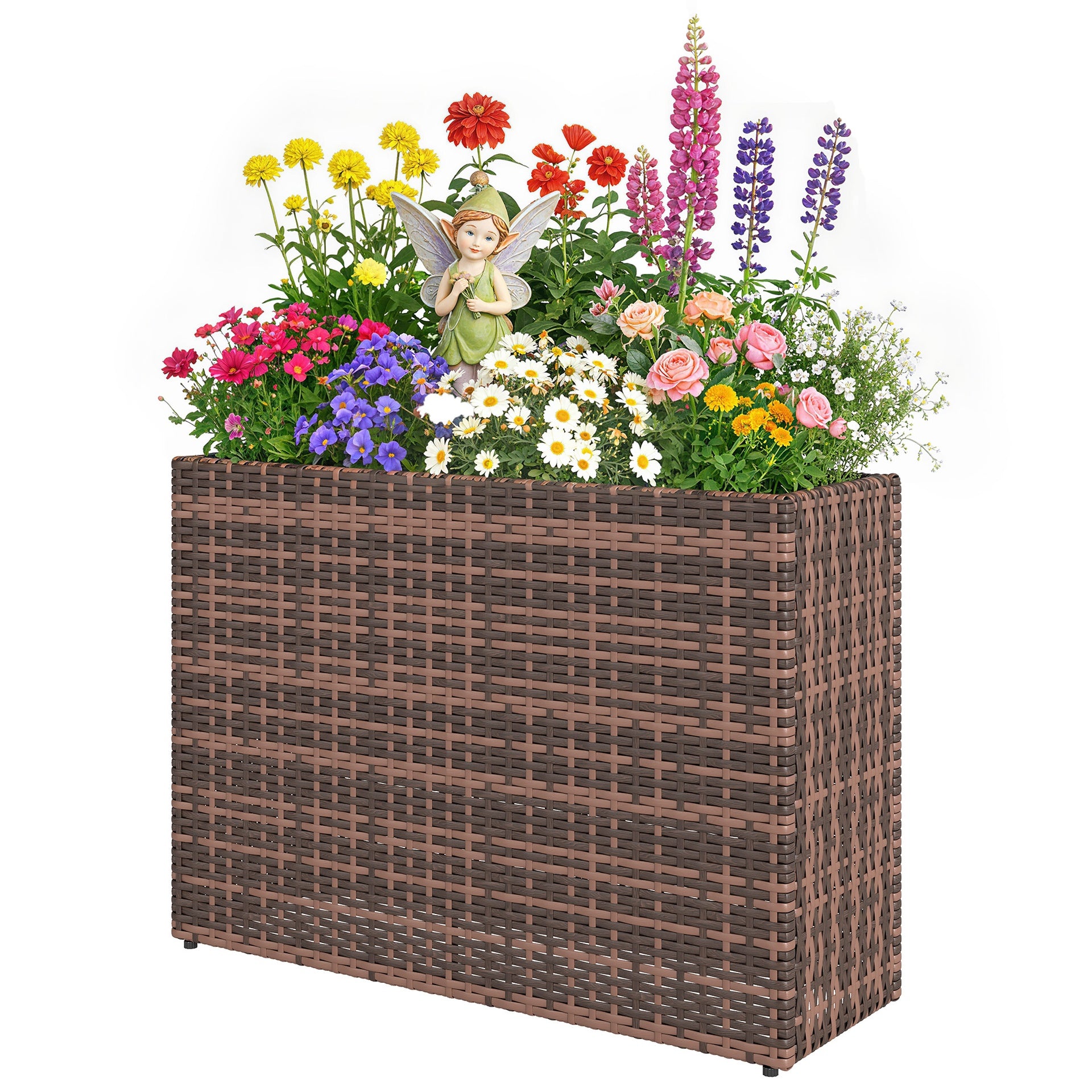 Outsunny Tall Rectangular Planter with Removable Liner, Holes, PE Wicker Large Planter Box for Indoor Outdoor Plants, Brown