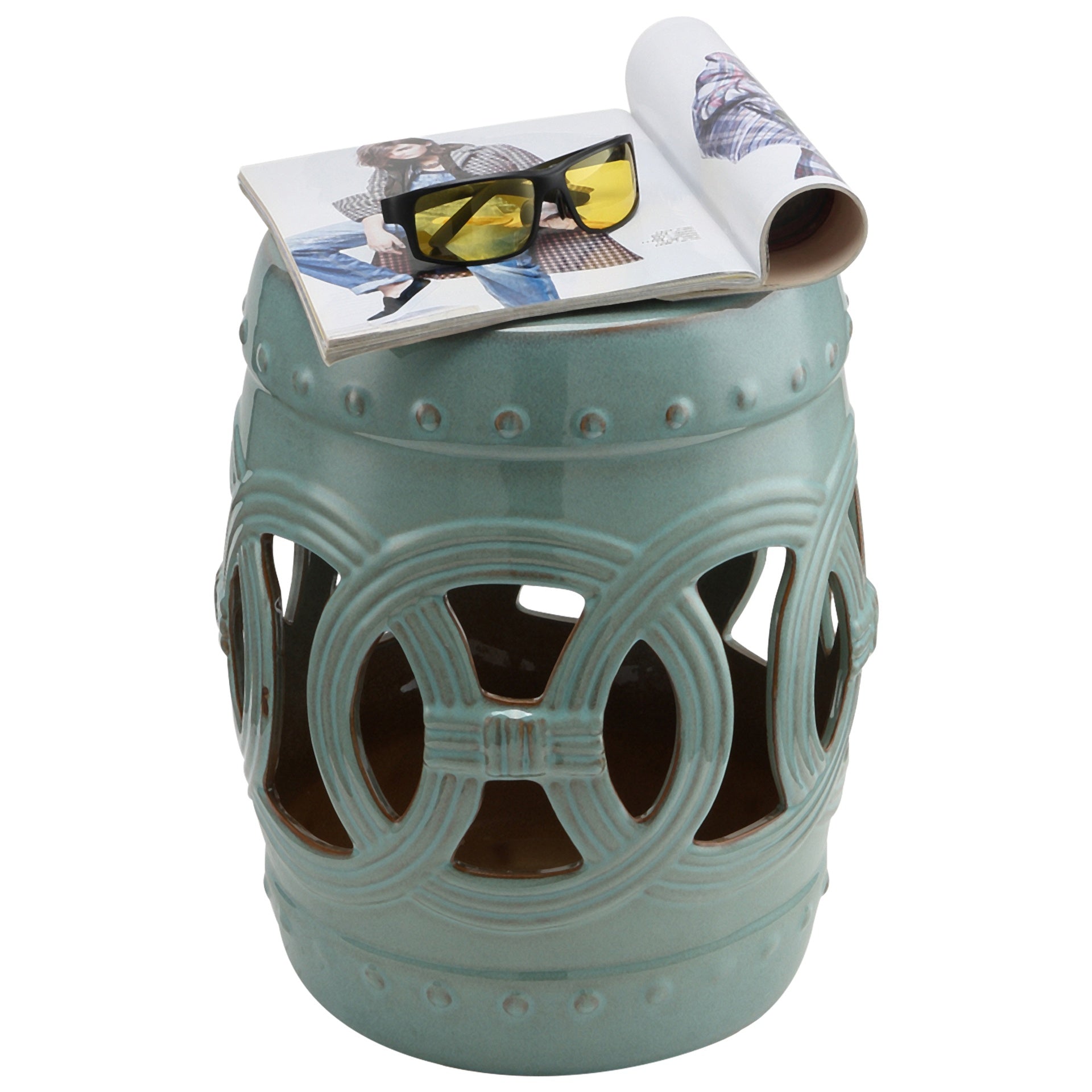 Outsunny 14" x 17" Ceramic Garden Stool with Double-Coin Knotted Ring Design & Strong Glazed Material, Decorative End Table, Home Collection, Antique Blue