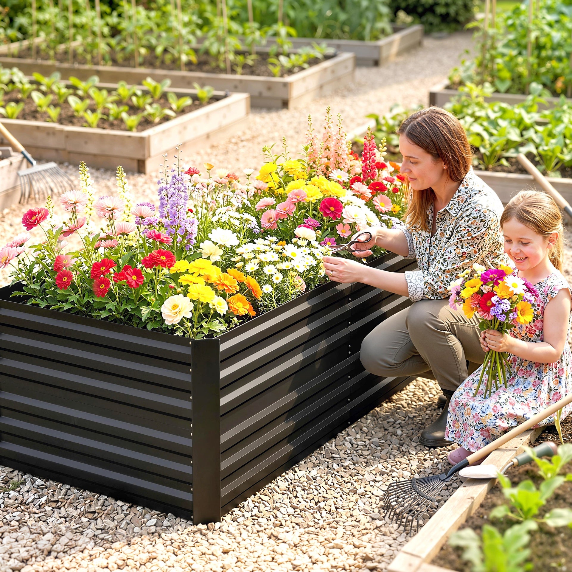 Outsunny Galvanized Raised Garden Bed, Steel Outdoor Planters with Reinforced Rods, 71" x 36" x 23", Black