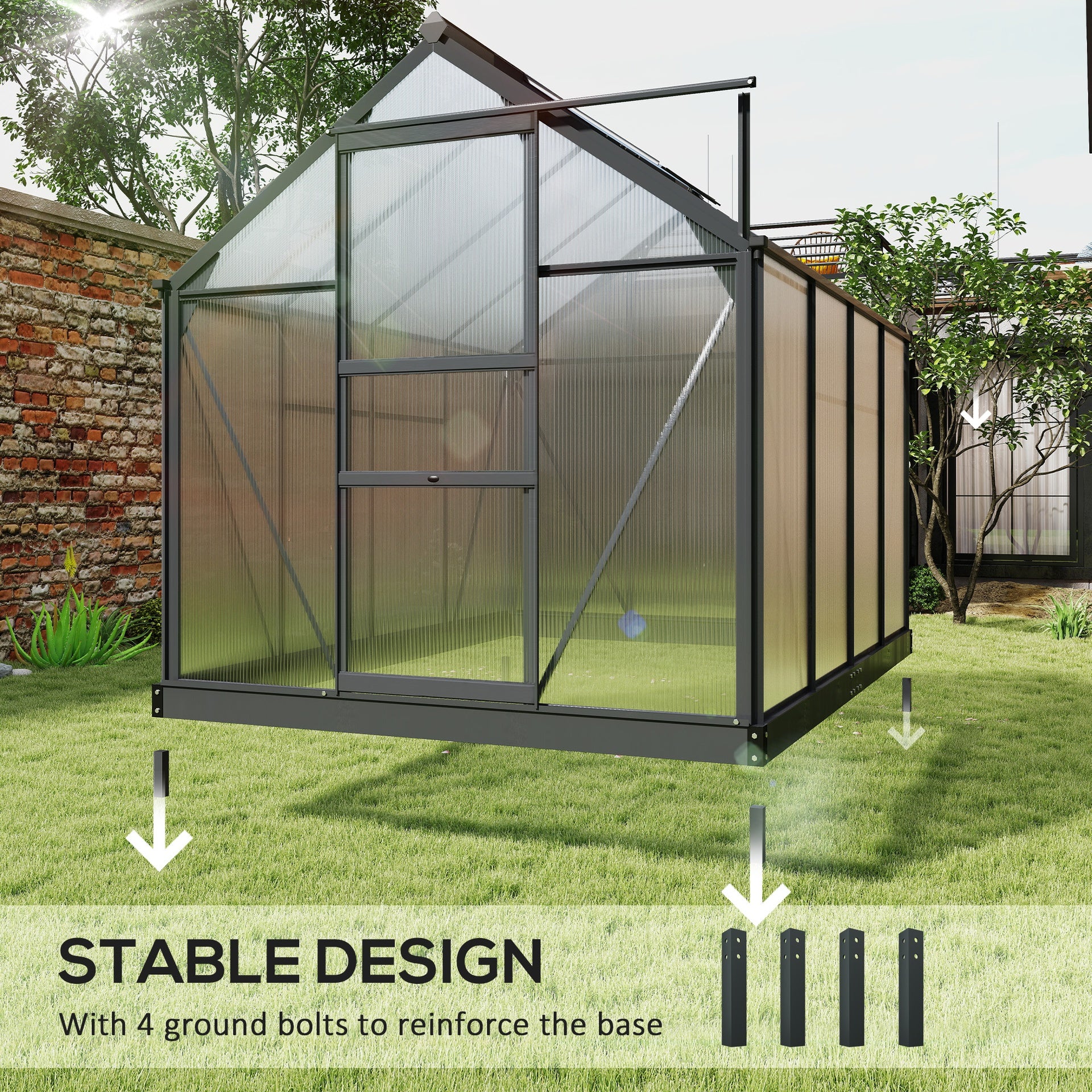 Outsunny Polycarbonate Greenhouse, Heavy Duty Outdoor Aluminum Walk-in Green House Kit Vent Door, 6.2'x8.3'x6.6' Gray