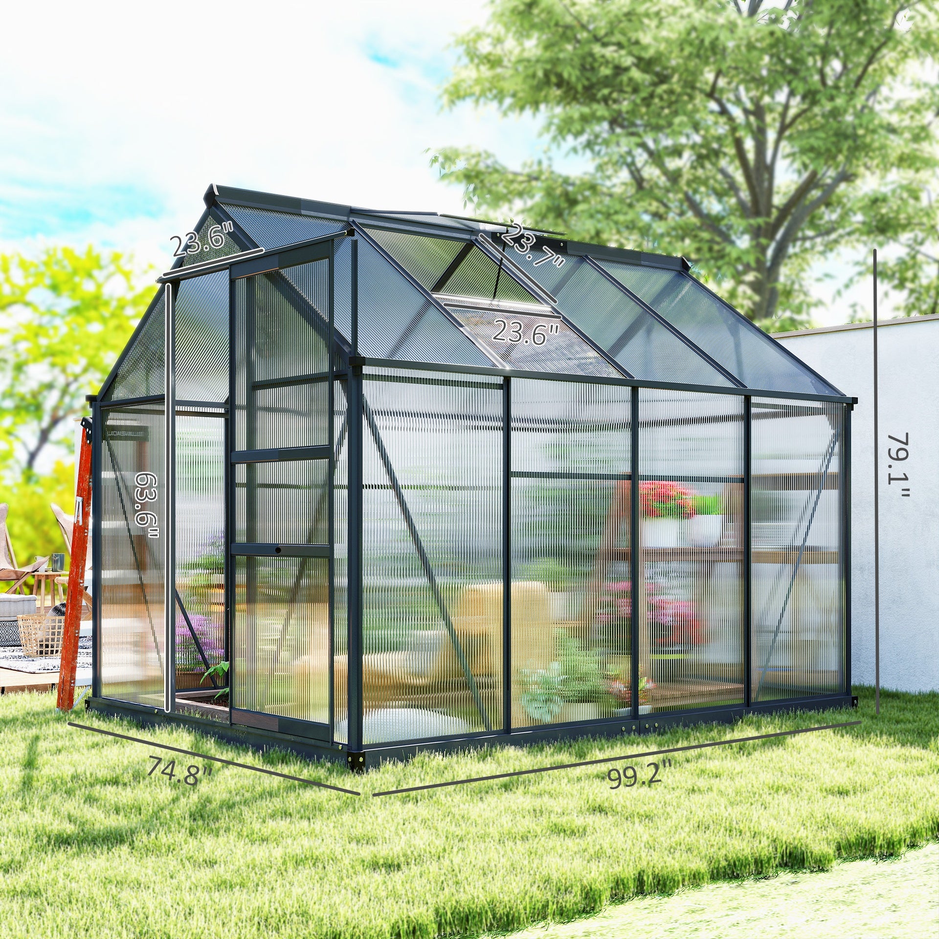 Outsunny Polycarbonate Greenhouse, Heavy Duty Outdoor Aluminum Walk-in Green House Kit Vent Door, 6.2'x8.3'x6.6' Gray