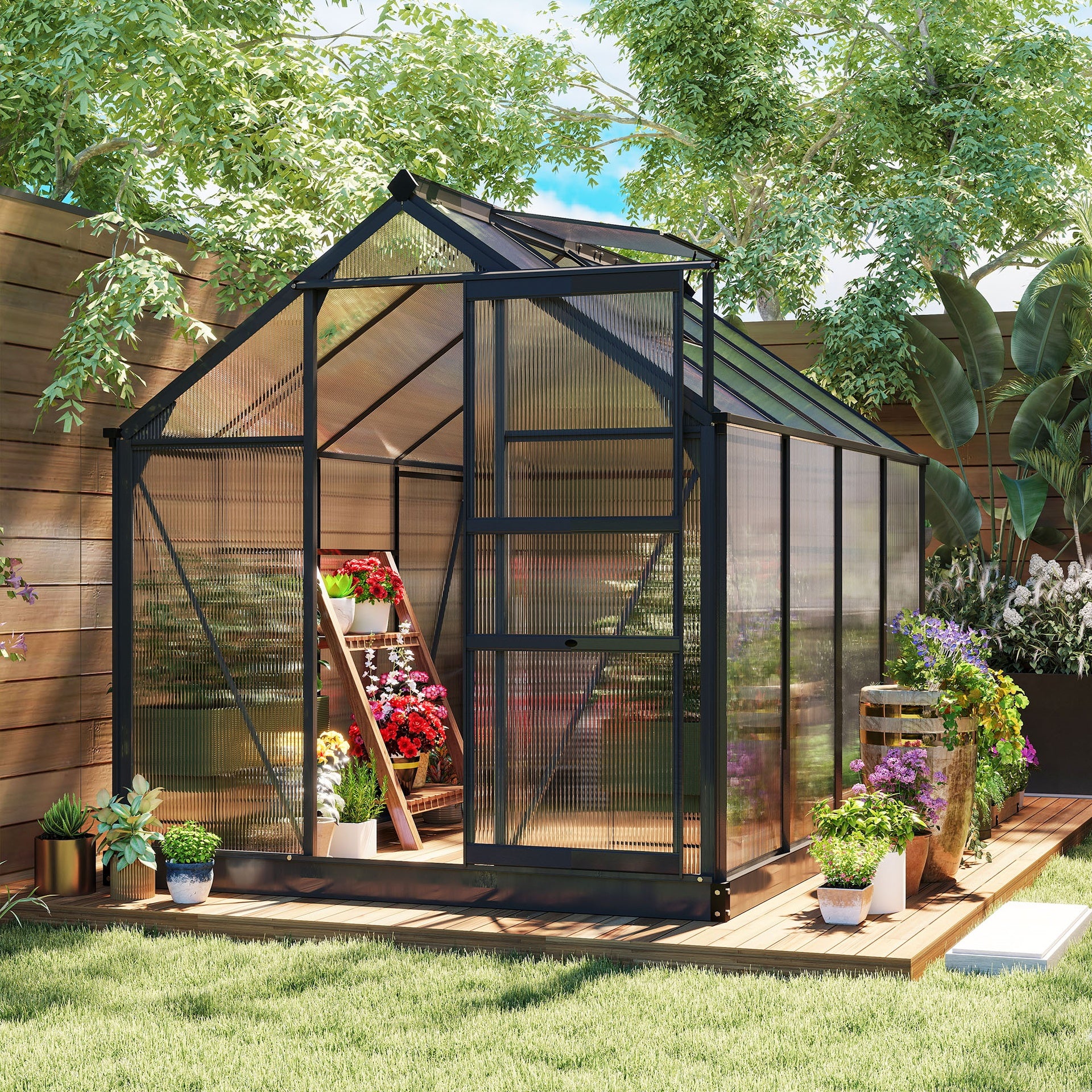 Outsunny Polycarbonate Greenhouse, Heavy Duty Outdoor Aluminum Walk-in Green House Kit Vent Door, 6.2'x8.3'x6.6' Gray