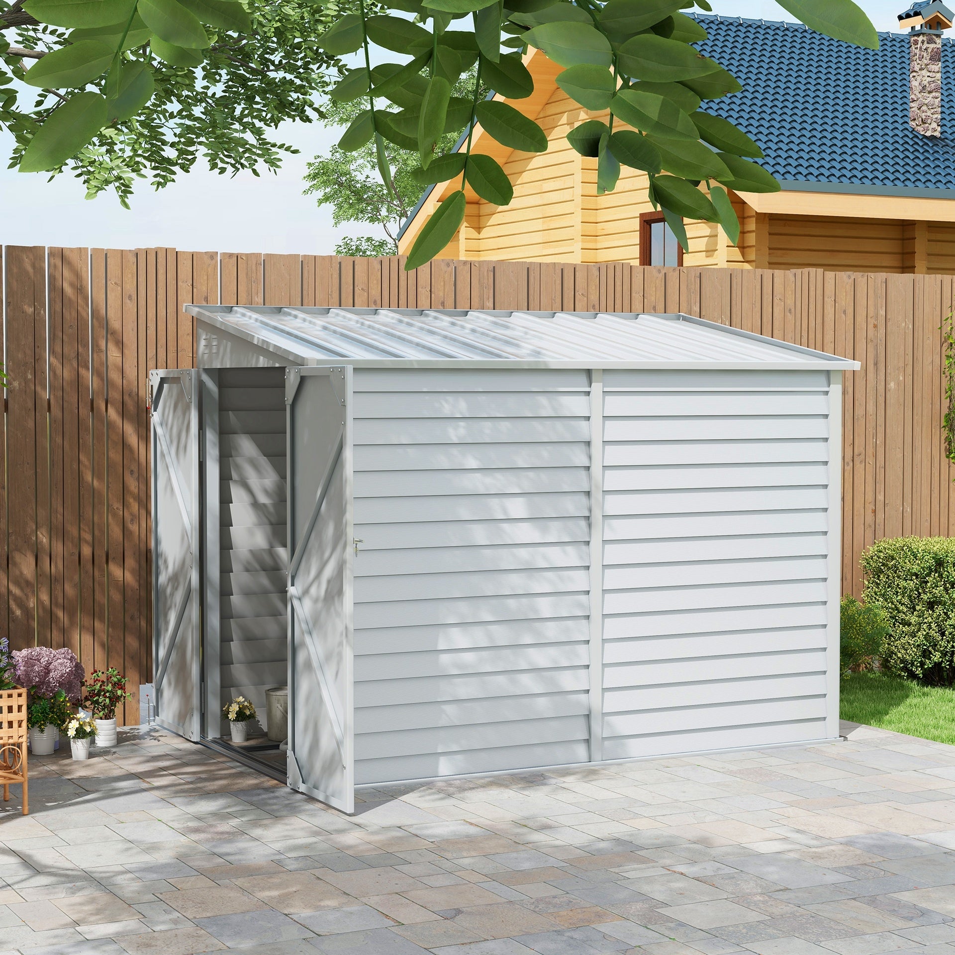 Outsunny Garden Shed 4.6ft x 9ft Lockable for Lawn Mower Garden Yard, White