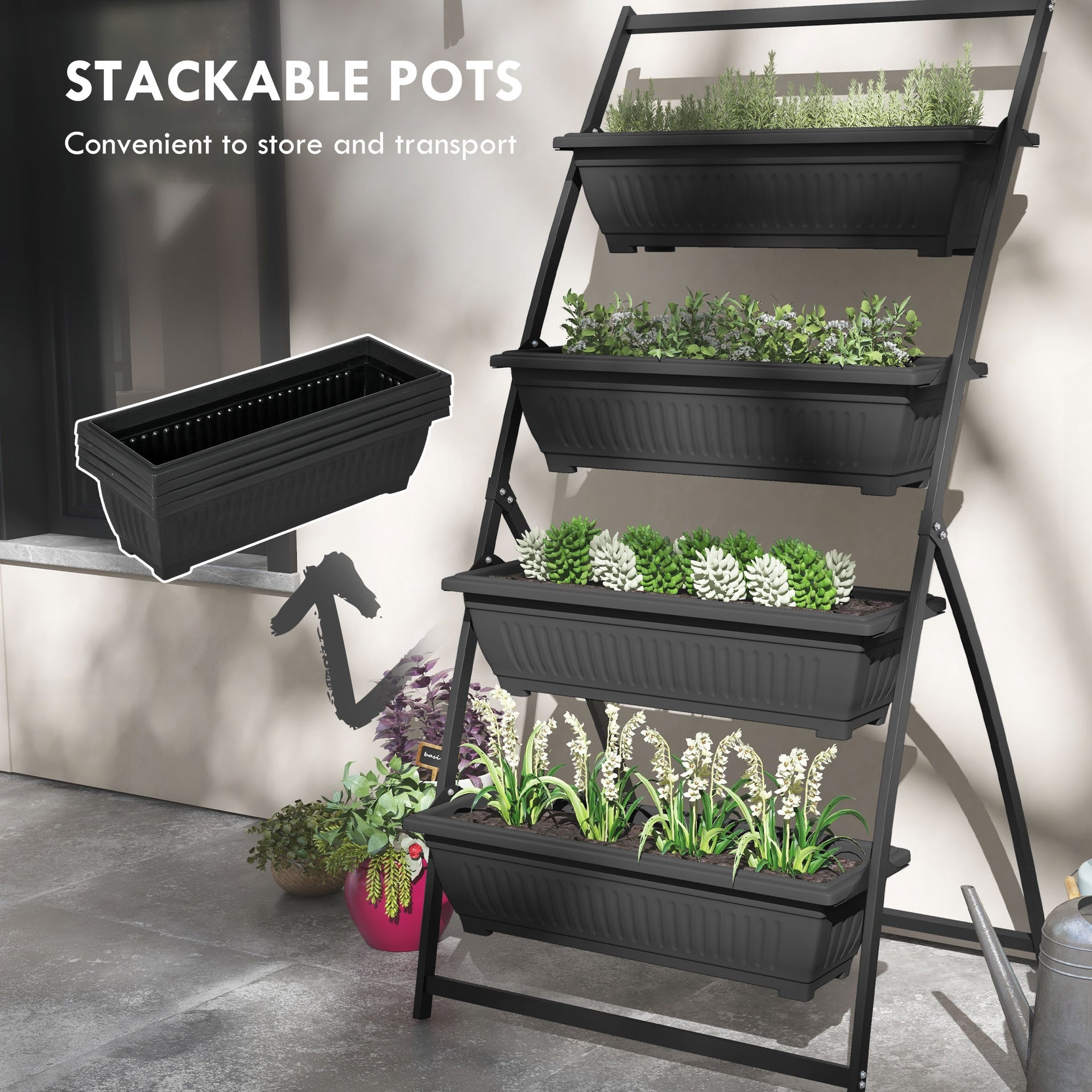 Outsunny 4-Tier Vertical Raised Garden Planter with 4 Boxes, Outdoor Plant Stand Grow Container for Vegetable & Flowers, Black