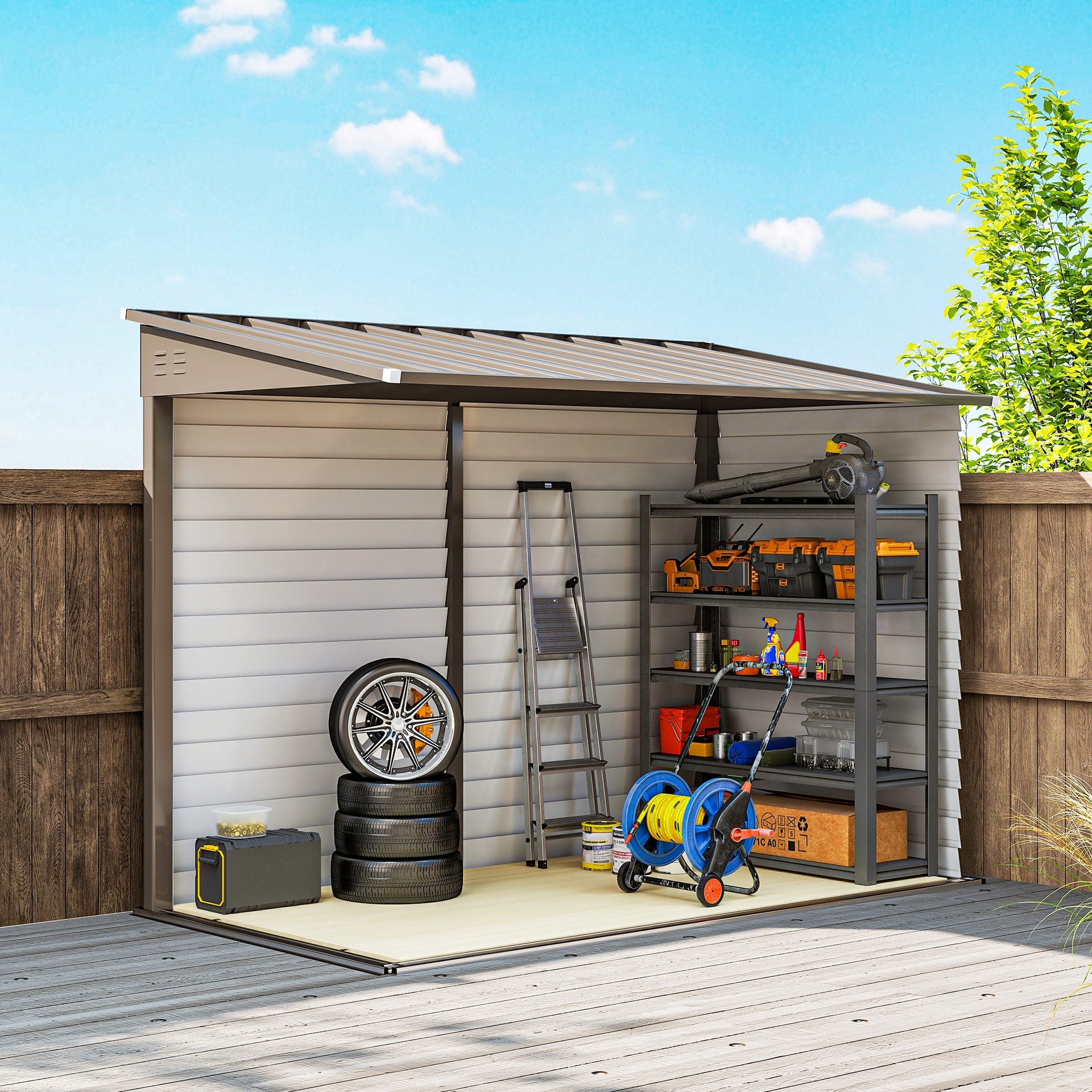 Outsunny 4.6' x 9' Outdoor Storage Shed, Lean to Metal Shed with Foundation Kit, Lockable Doors and Gloves for Patio, Lawn, Brown