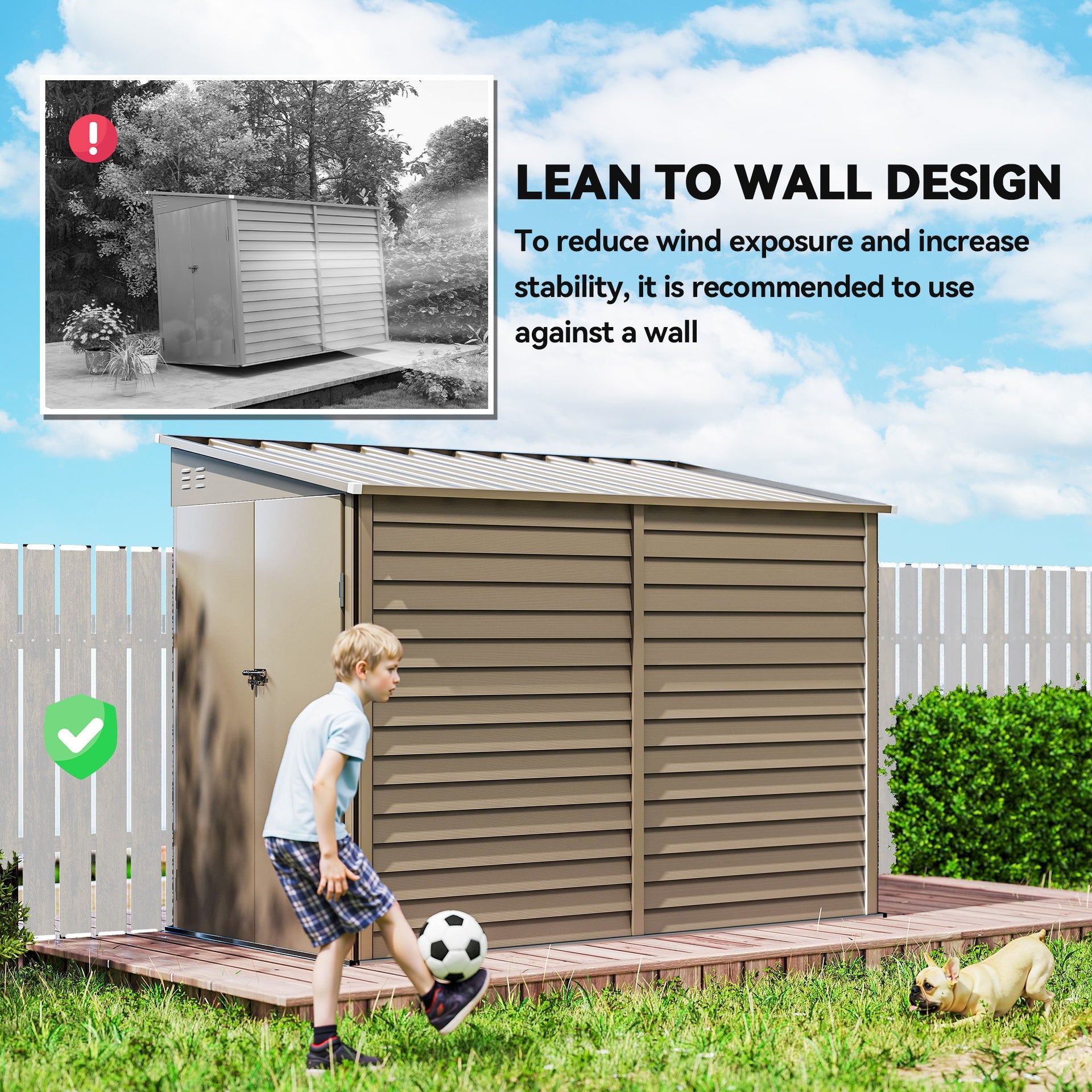 Outsunny 4.6' x 9' Outdoor Storage Shed, Lean to Metal Shed with Foundation Kit, Lockable Doors and Gloves for Patio, Lawn, Brown