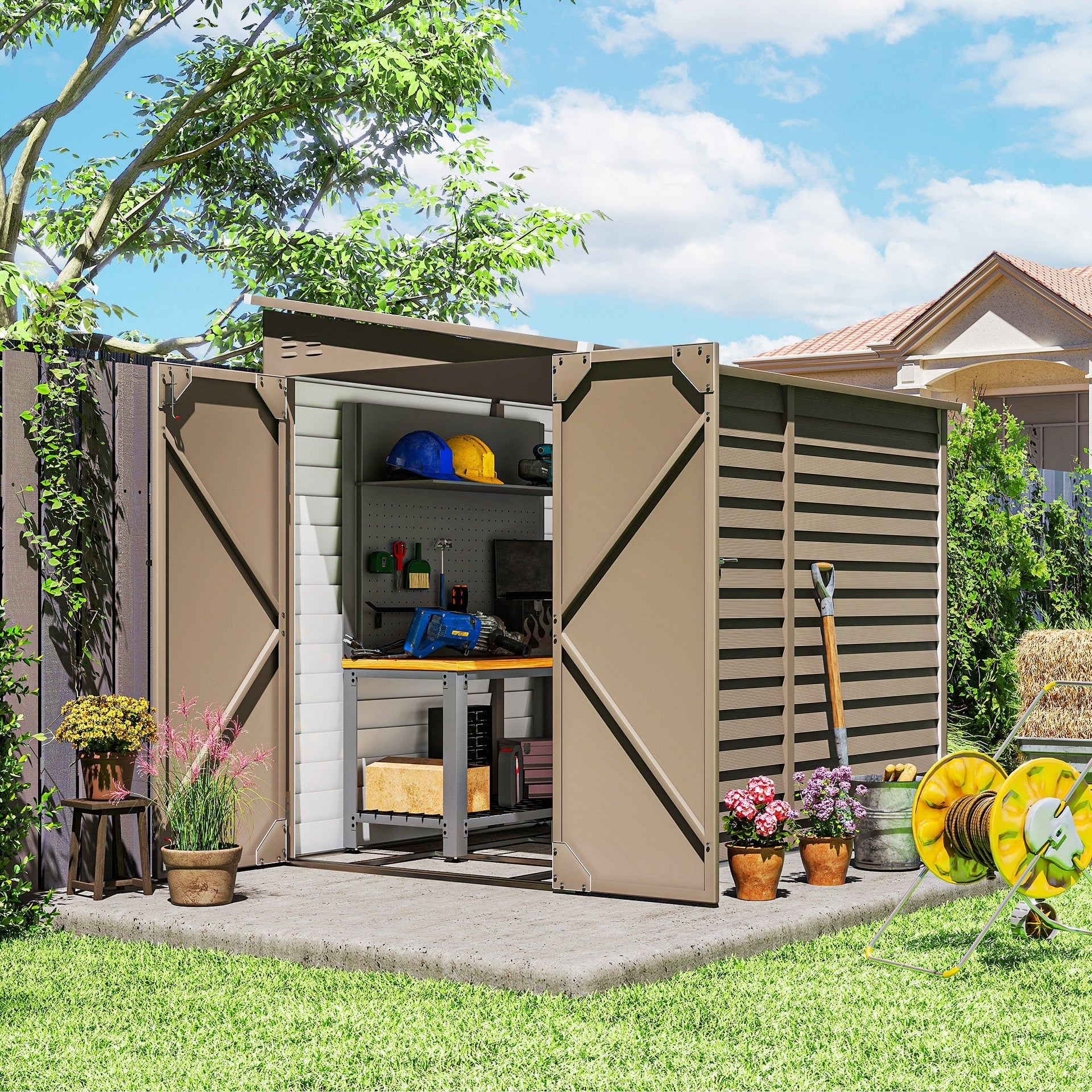 Outsunny 4.6' x 9' Outdoor Storage Shed, Lean to Metal Shed with Foundation Kit, Lockable Doors and Gloves for Patio, Lawn, Brown