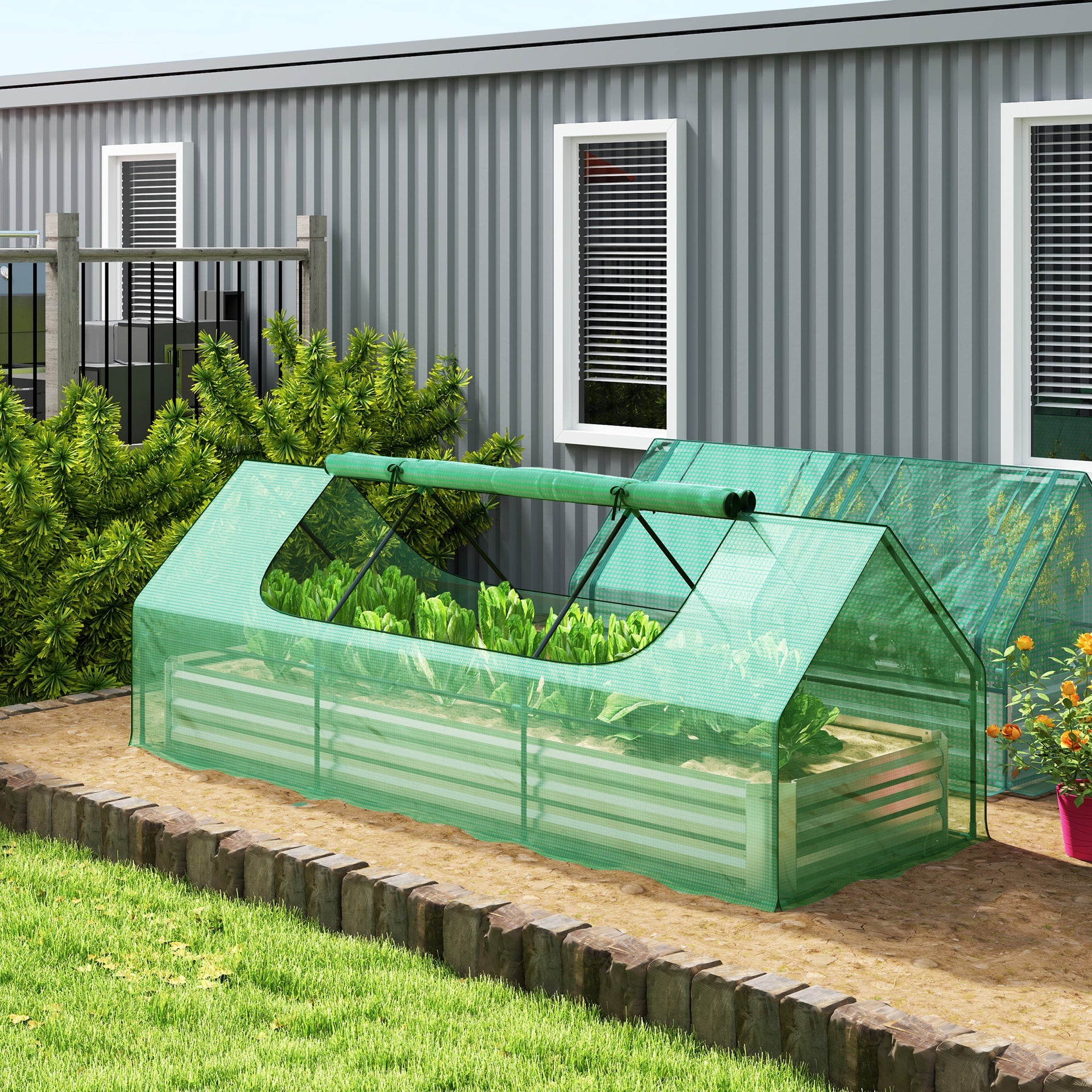 Outsunny 8.6 x 3 x 1ft Metal Planter Box with Mini Greenhouse, Galvanized Raised Garden Bed with Cover for Herbs and Vegetables, Small Greenhouse for Patio Garden Balcony, Green and Silver