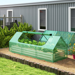 Outsunny 8.6 x 3 x 1ft Metal Planter Box with Mini Greenhouse, Galvanized Raised Garden Bed with Cover for Herbs and Vegetables, Small Greenhouse for Patio Garden Balcony, Green and Silver