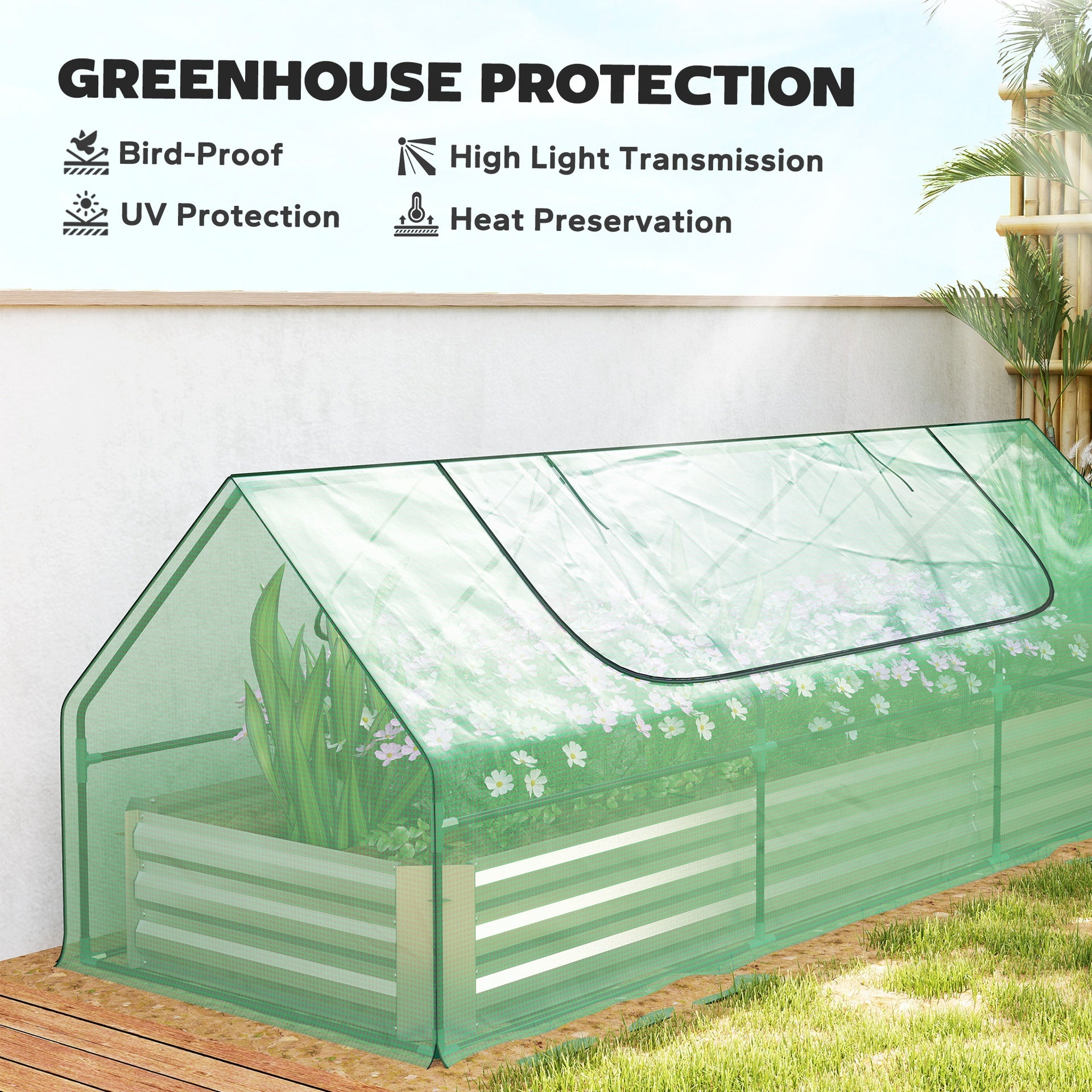 Outsunny 8.6 x 3 x 1ft Metal Planter Box with Mini Greenhouse, Galvanized Raised Garden Bed with Cover for Herbs and Vegetables, Small Greenhouse for Patio Garden Balcony, Green and Silver