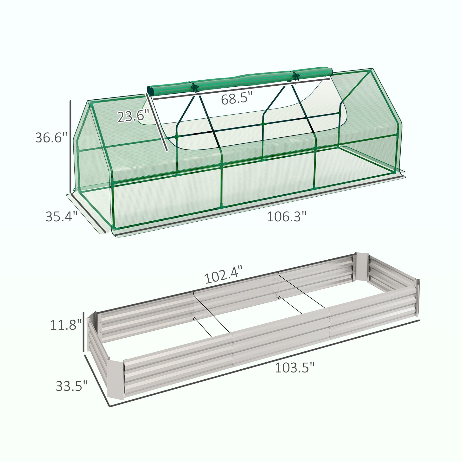 Outsunny 8.6 x 3 x 1ft Metal Planter Box with Mini Greenhouse, Galvanized Raised Garden Bed with Cover for Herbs and Vegetables, Small Greenhouse for Patio Garden Balcony, Green and Silver