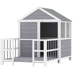 PawHut Outdoor Dog House, 61"L Wooden Dog House with Porch, Weatherproof Roof, Elevated Base, Air Vents & Observation Windows