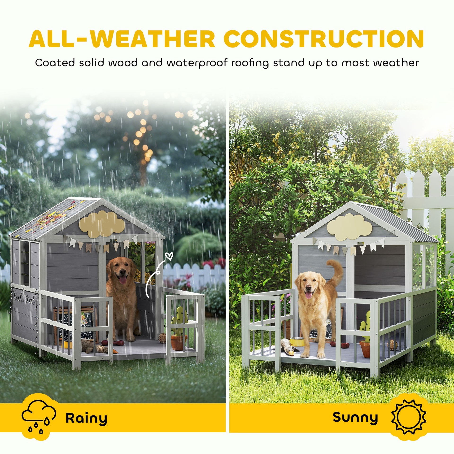 PawHut Outdoor Dog House, 61"L Wooden Dog House with Porch, Weatherproof Roof, Elevated Base, Air Vents & Observation Windows
