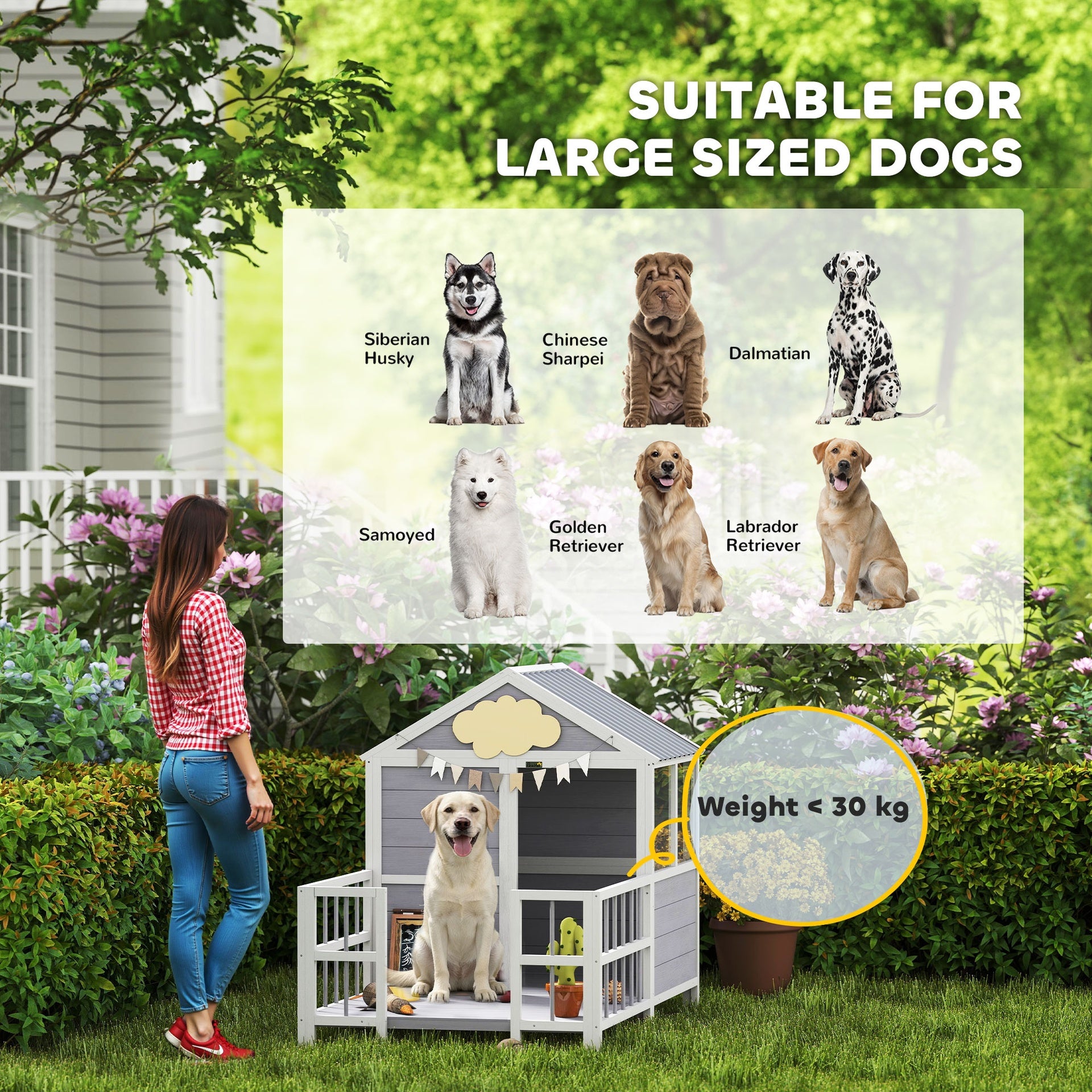 PawHut Outdoor Dog House, 61"L Wooden Dog House with Porch, Weatherproof Roof, Elevated Base, Air Vents & Observation Windows