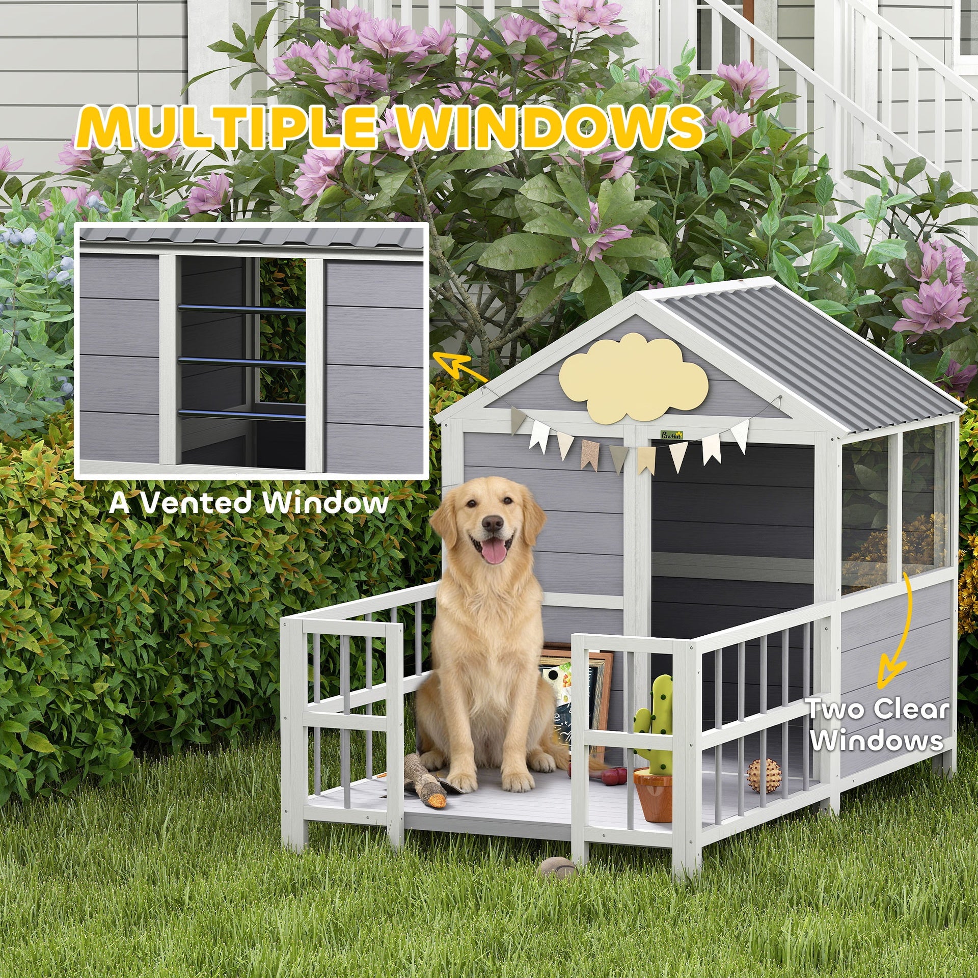 PawHut Outdoor Dog House, 61"L Wooden Dog House with Porch, Weatherproof Roof, Elevated Base, Air Vents & Observation Windows