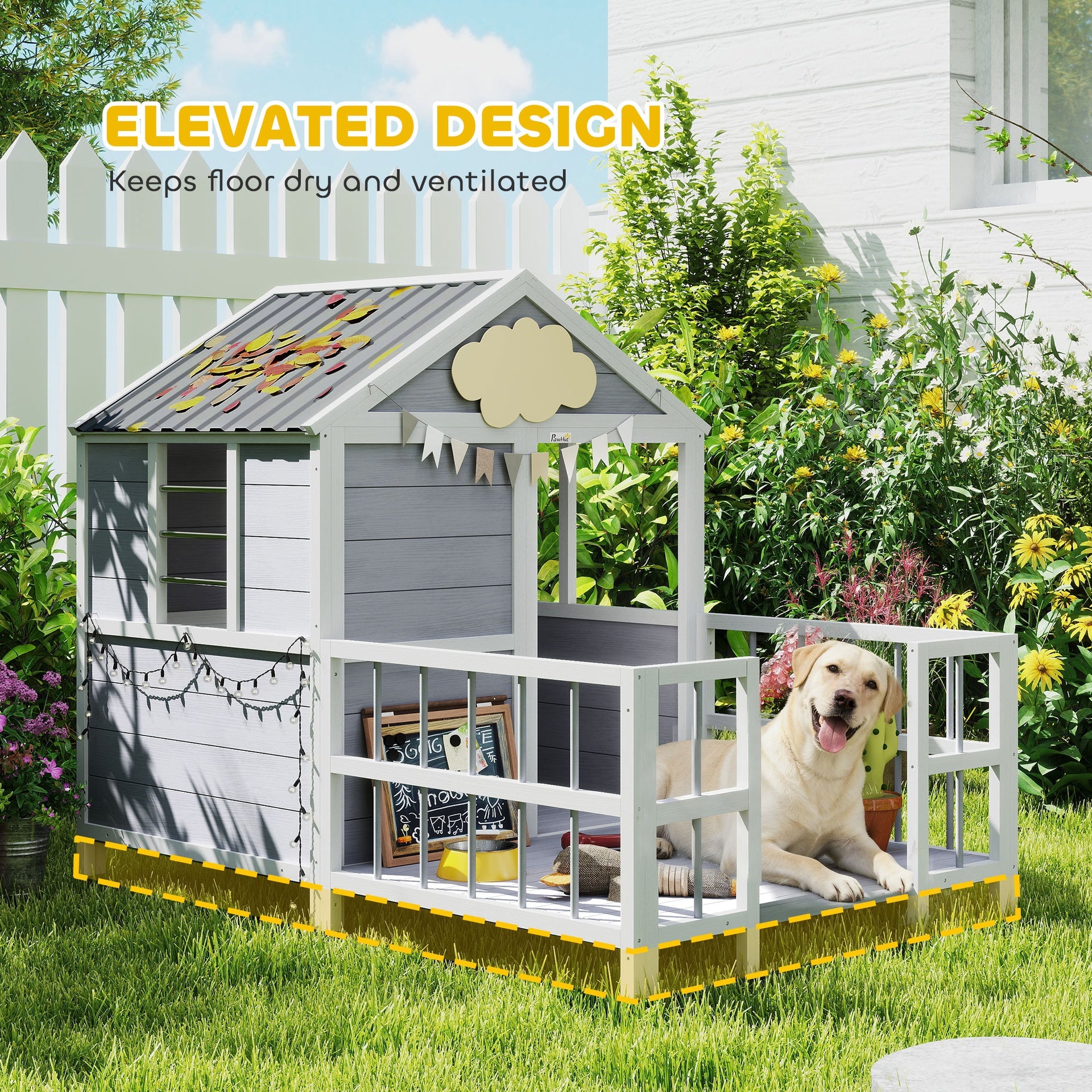 PawHut Outdoor Dog House, 61"L Wooden Dog House with Porch, Weatherproof Roof, Elevated Base, Air Vents & Observation Windows