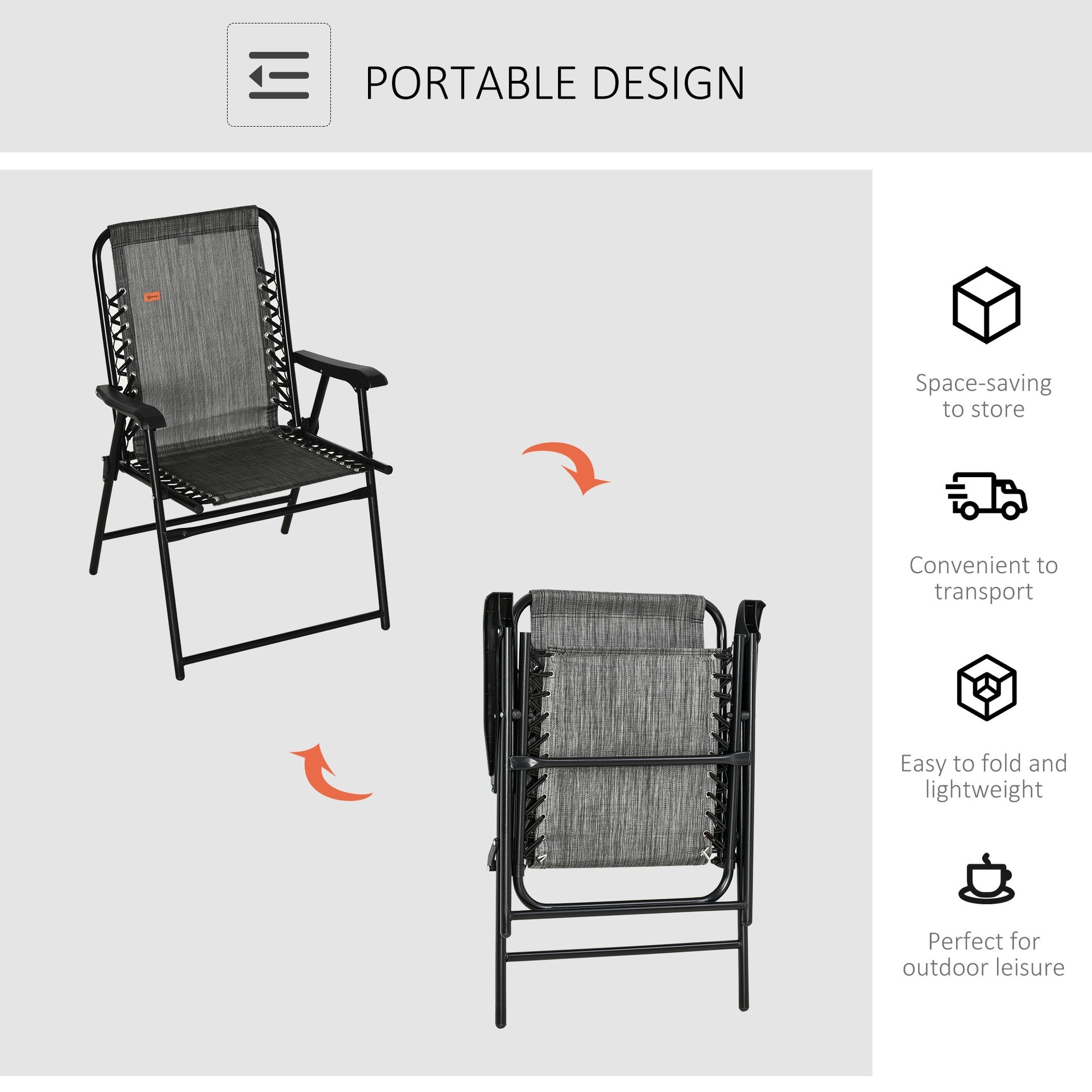 Outsunny Patio Folding Chair, Sling Suspension Chair for Deck, Camping, Sports Events, Patio, Beach & Pool, Space Saving, Gray