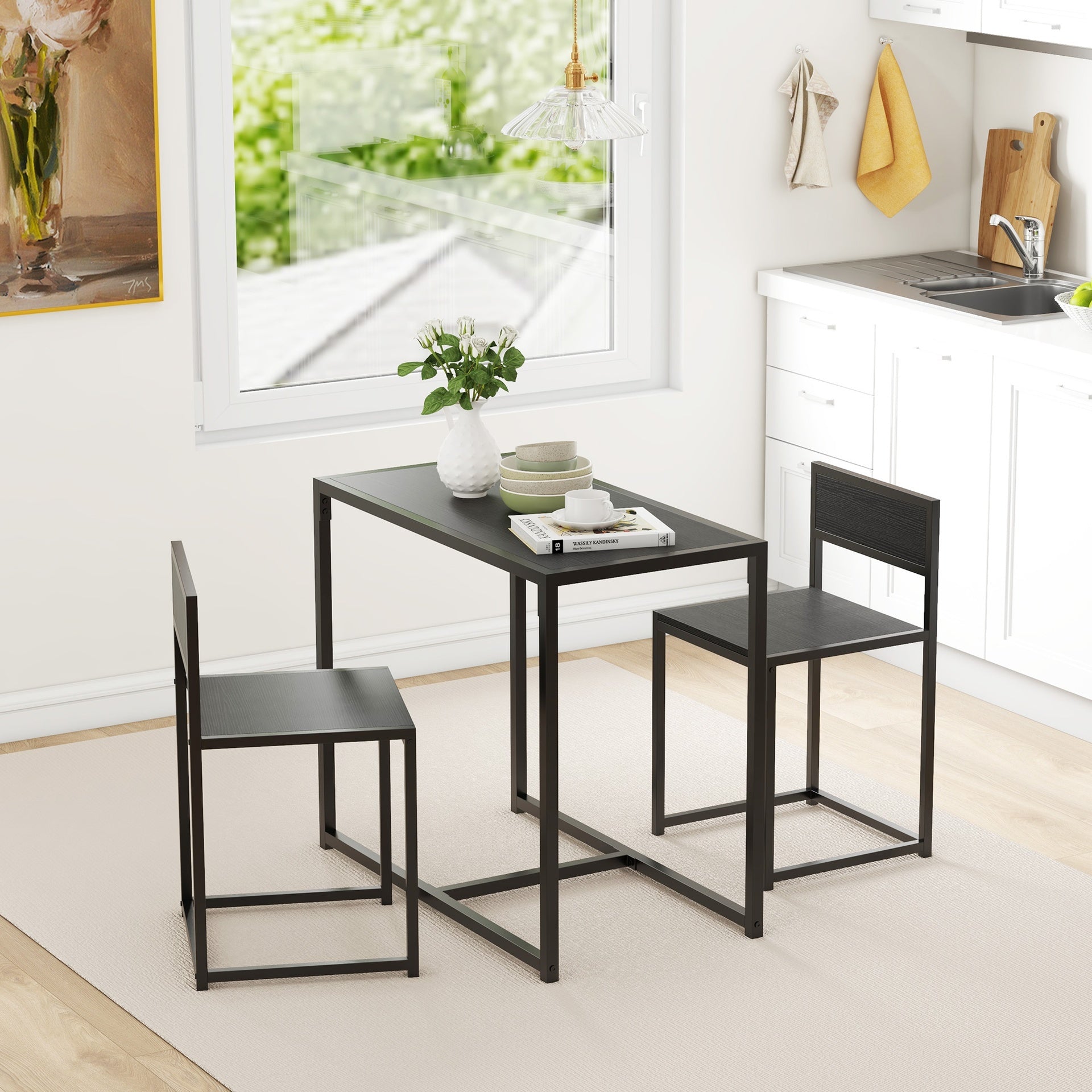 HOMCOM 3-Piece Dining Room Set, Industrial Kitchen Table Set with Rectangular Table and 2 Dining Chairs, Black