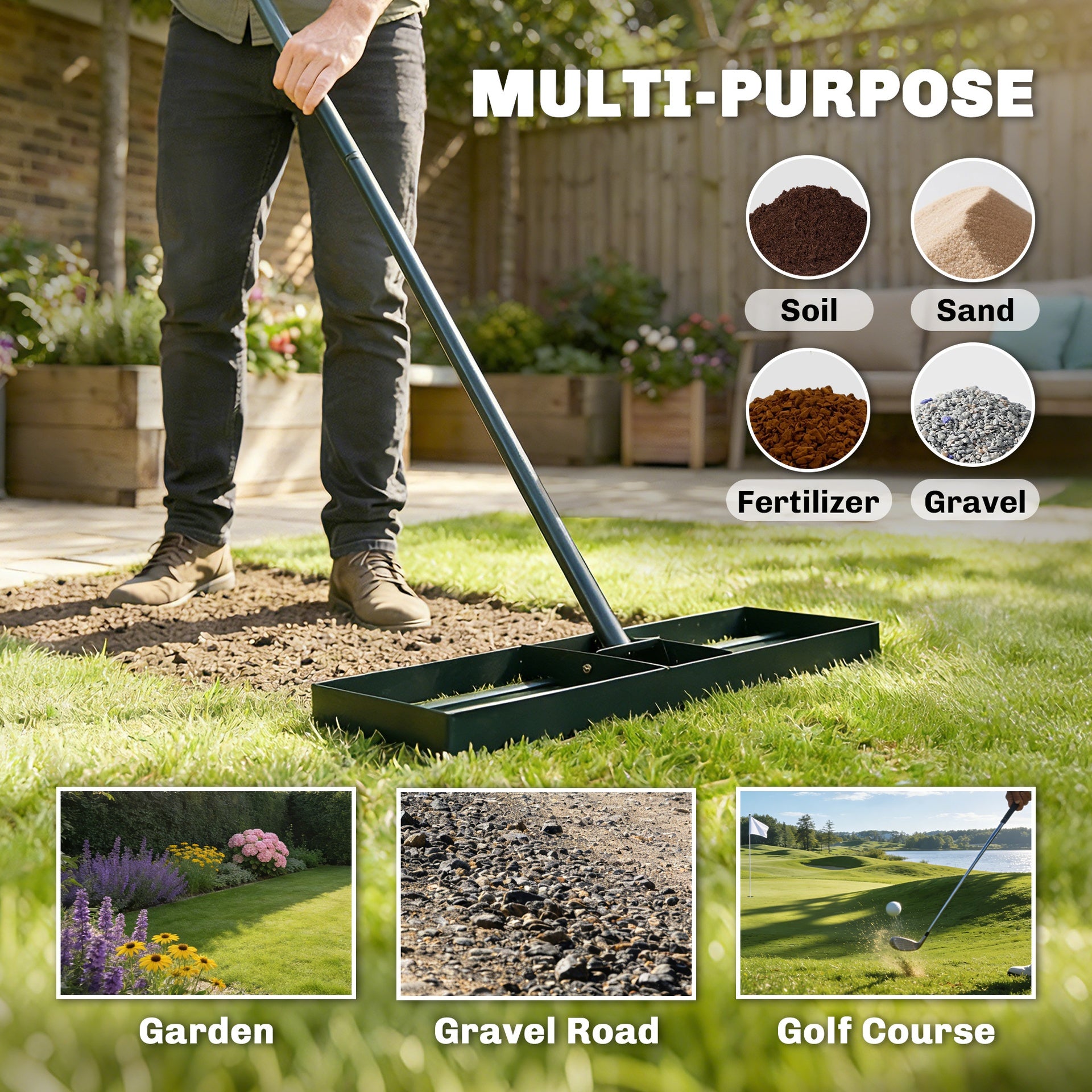 Outsunny Lawn Leveling Rake, 30" x 10" Heavy Duty Yard Leveling Rake with 66.5" Handle for Backyard, Golf Course