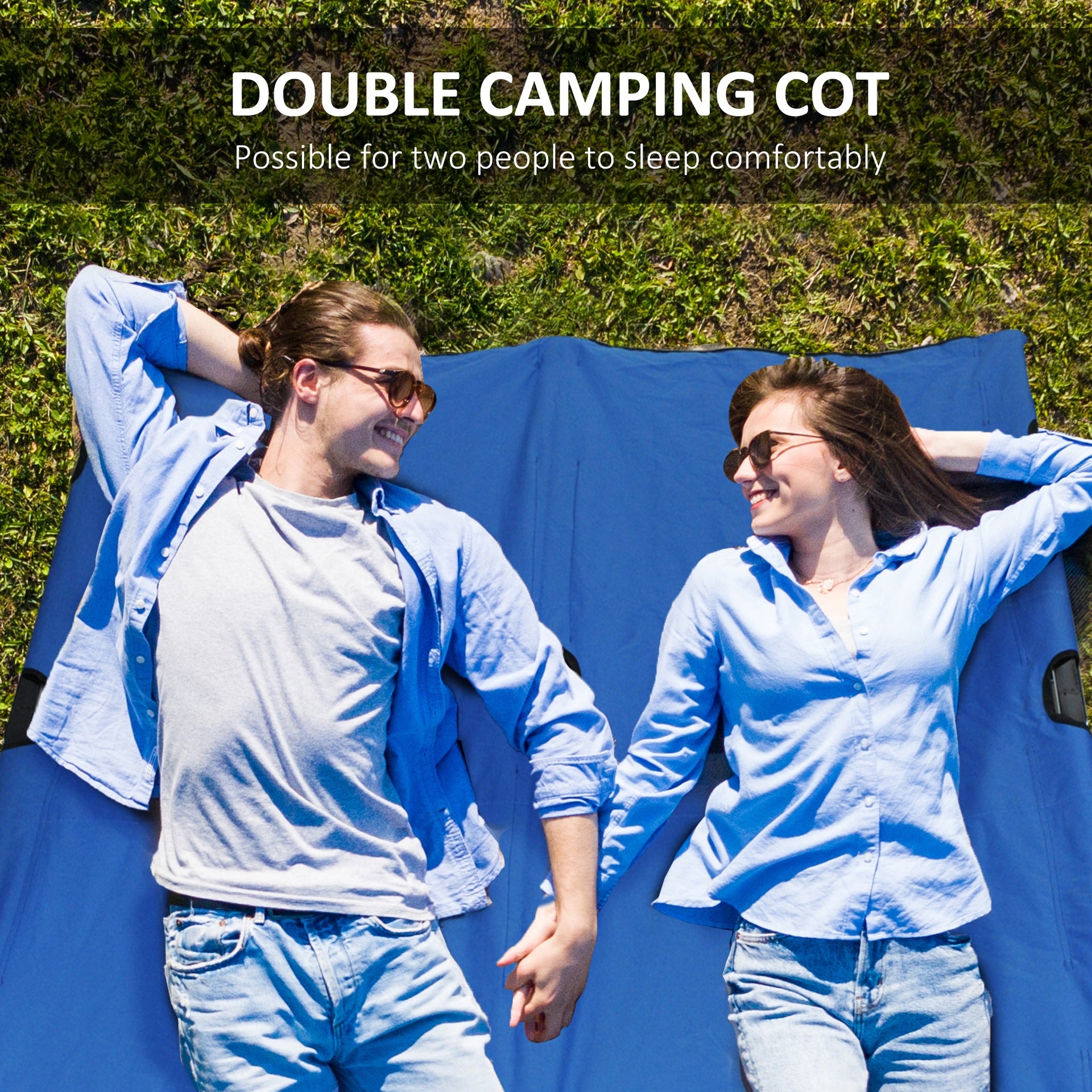 Outsunny 2 Person Folding Camping Cot for Adults, 50" Extra Wide Outdoor Portable Sleeping Cot with Carry Bag, Elevated Camping Bed, Beach Hiking, Blue