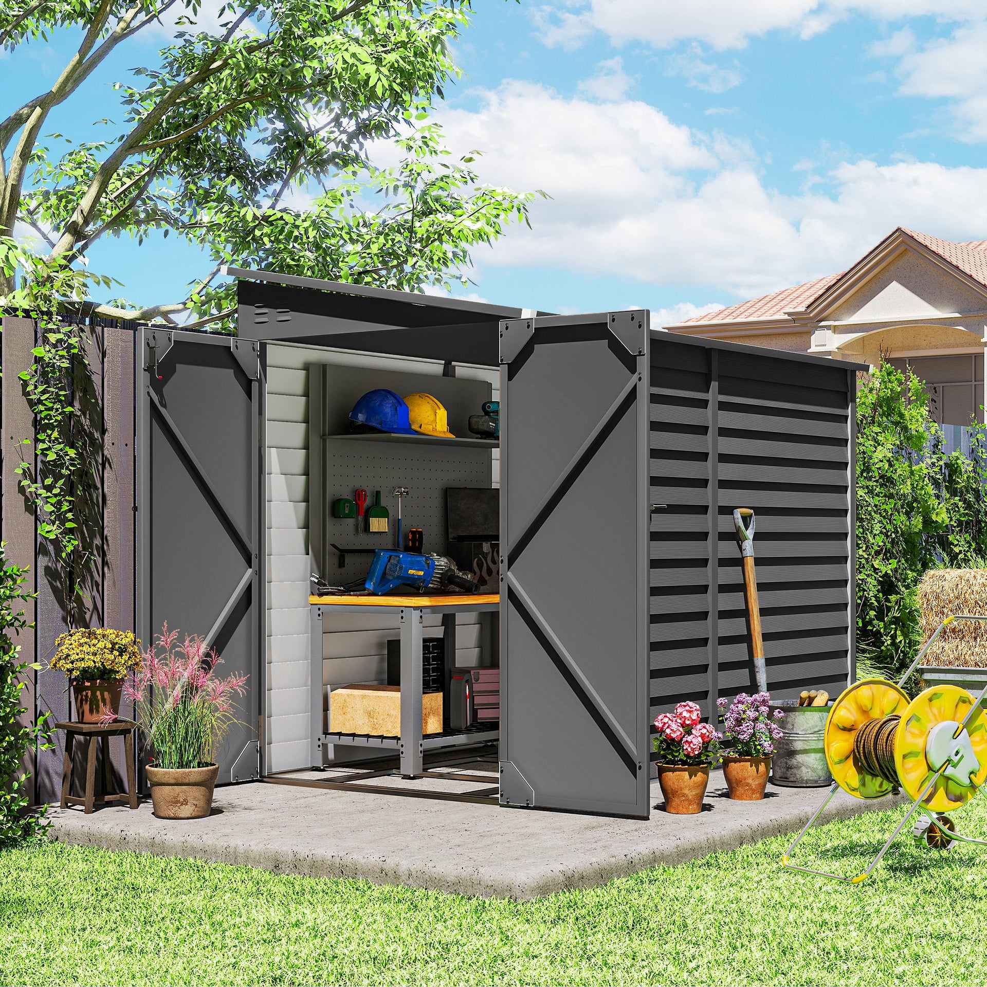 Outsunny 4.6' x 9' Outdoor Storage Shed, Lean to Metal Shed with Foundation Kit, Lockable Doors and Gloves for Patio, Lawn, Dark Gray