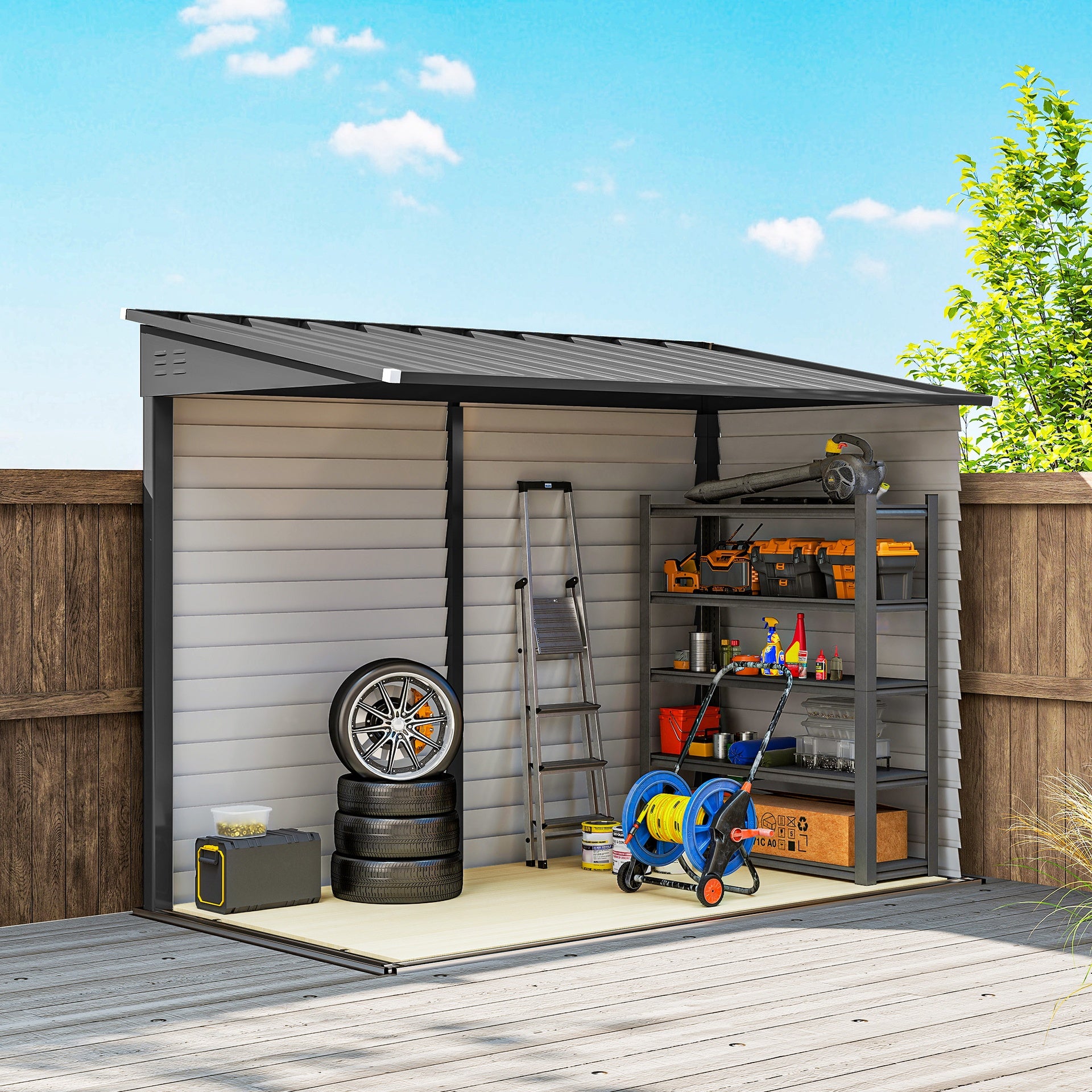 Outsunny 4.6' x 9' Outdoor Storage Shed, Lean to Metal Shed with Foundation Kit, Lockable Doors and Gloves for Patio, Lawn, Dark Gray