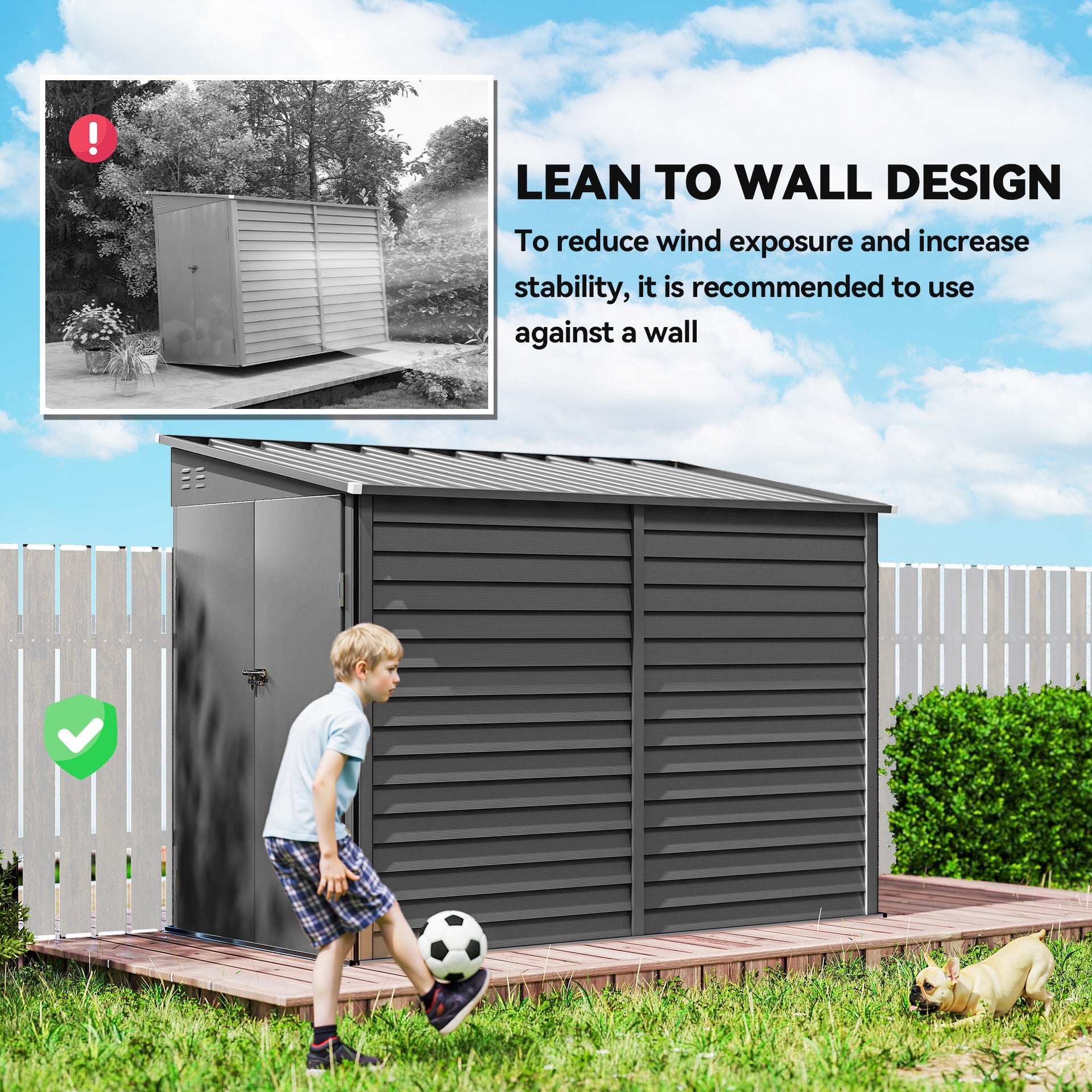 Outsunny 4.6' x 9' Outdoor Storage Shed, Lean to Metal Shed with Foundation Kit, Lockable Doors and Gloves for Patio, Lawn, Dark Gray