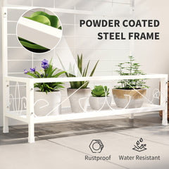 Outsunny Metal Tall Plant Stand with Trellis and Hanging Bar, Plant Holder for Indoor Outdoor Use, 35" x 12.8" x 74", White