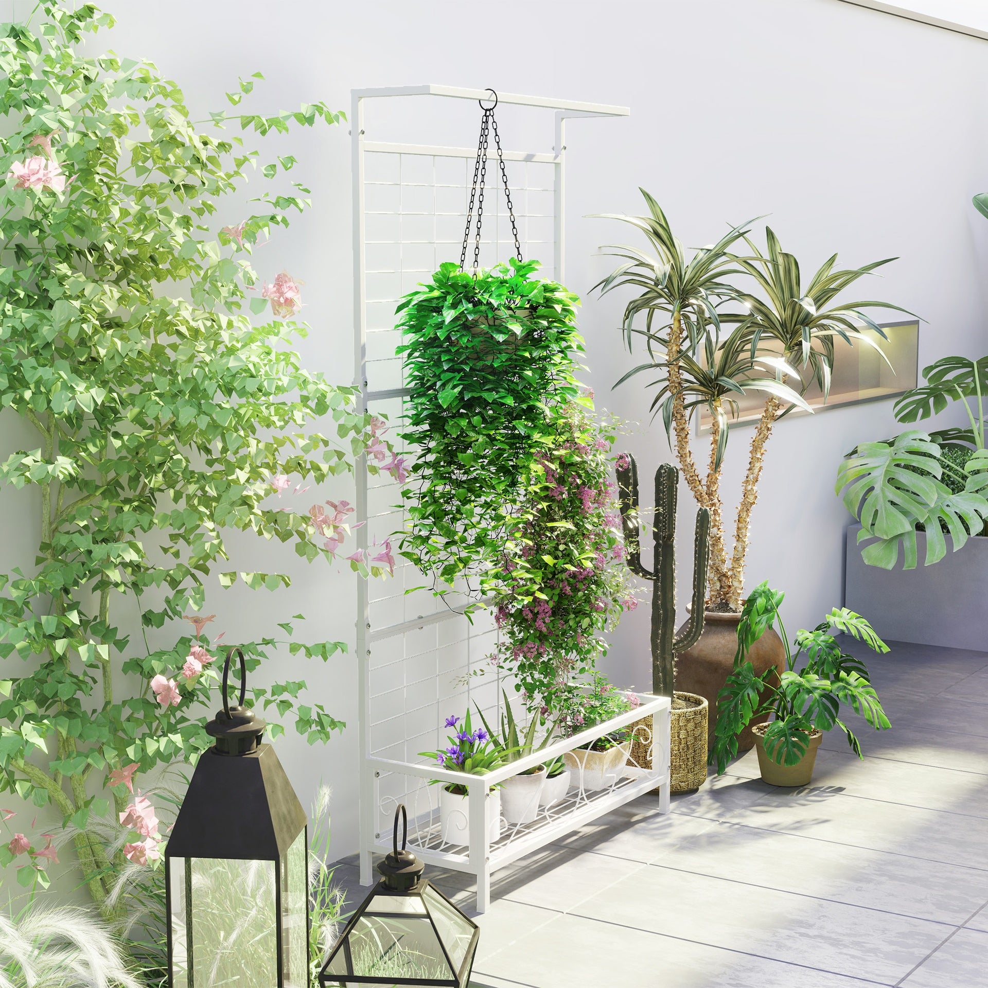 Outsunny Metal Tall Plant Stand with Trellis and Hanging Bar, Plant Holder for Indoor Outdoor Use, 35" x 12.8" x 74", White