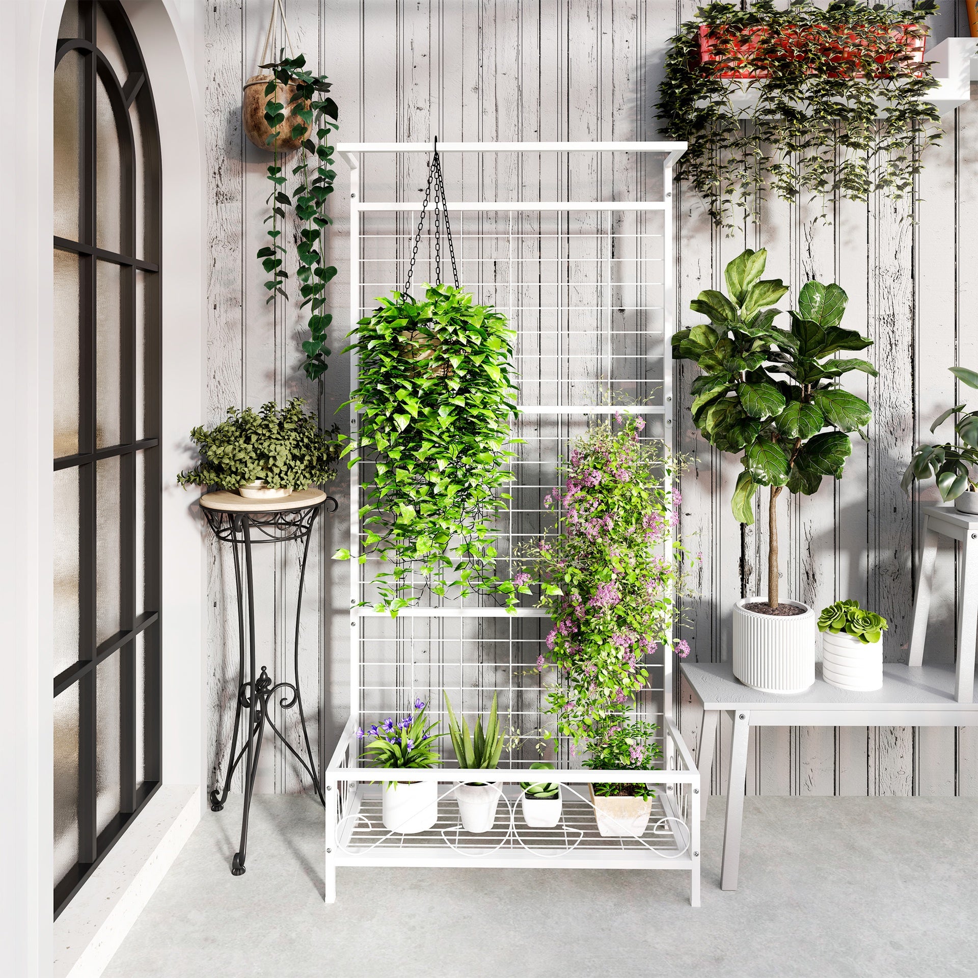 Outsunny Metal Tall Plant Stand with Trellis and Hanging Bar, Plant Holder for Indoor Outdoor Use, 35" x 12.8" x 74", White