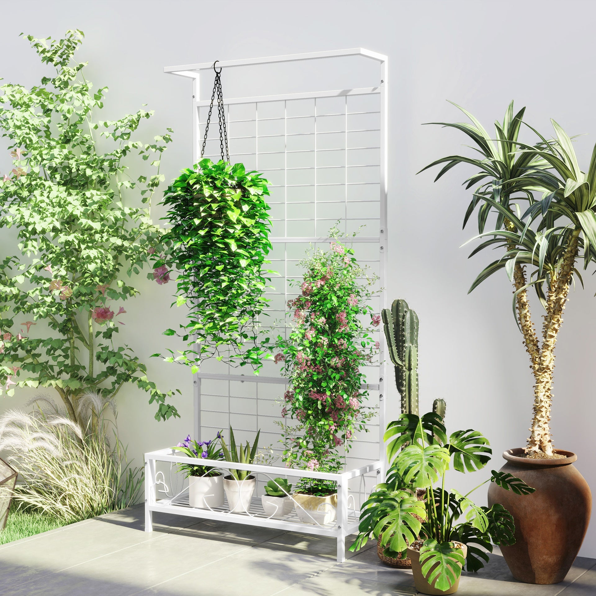 Outsunny Metal Tall Plant Stand with Trellis and Hanging Bar, Plant Holder for Indoor Outdoor Use, 35" x 12.8" x 74", White