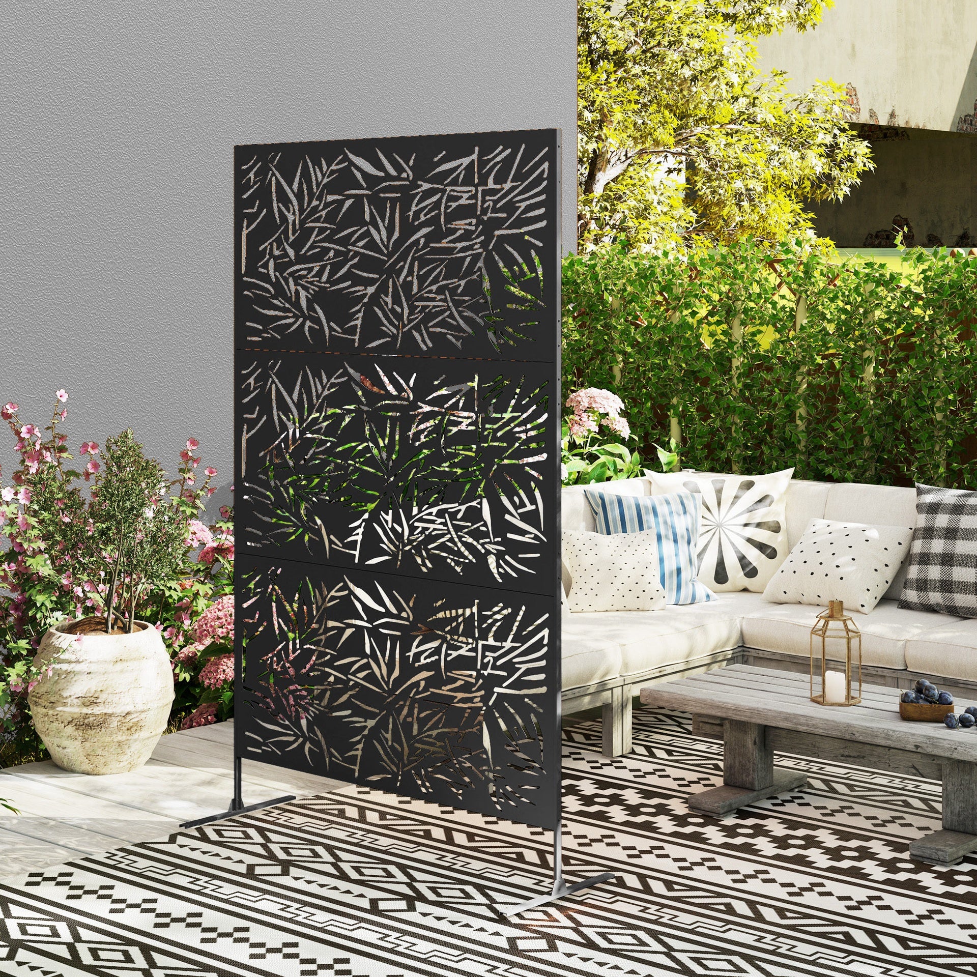 Outsunny Decorative Privacy Fence Screen, Metal Outdoor Privacy Screen Climbing Plant Trellis with Stand, Bamboo Black