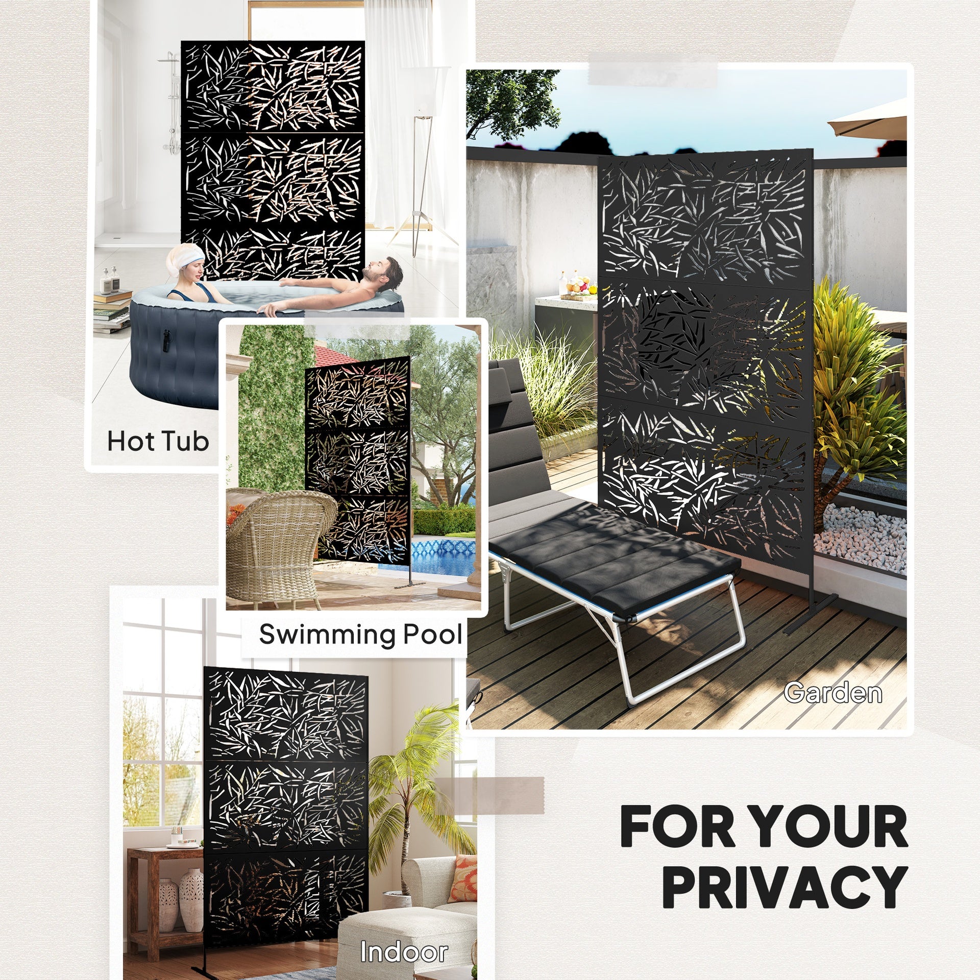 Outsunny Decorative Privacy Fence Screen, Metal Outdoor Privacy Screen Climbing Plant Trellis with Stand, Bamboo Black