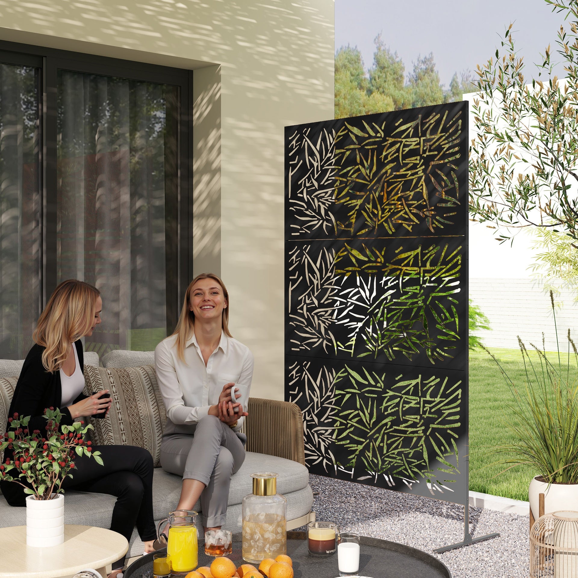 Outsunny Decorative Privacy Fence Screen, Metal Outdoor Privacy Screen Climbing Plant Trellis with Stand, Bamboo Black