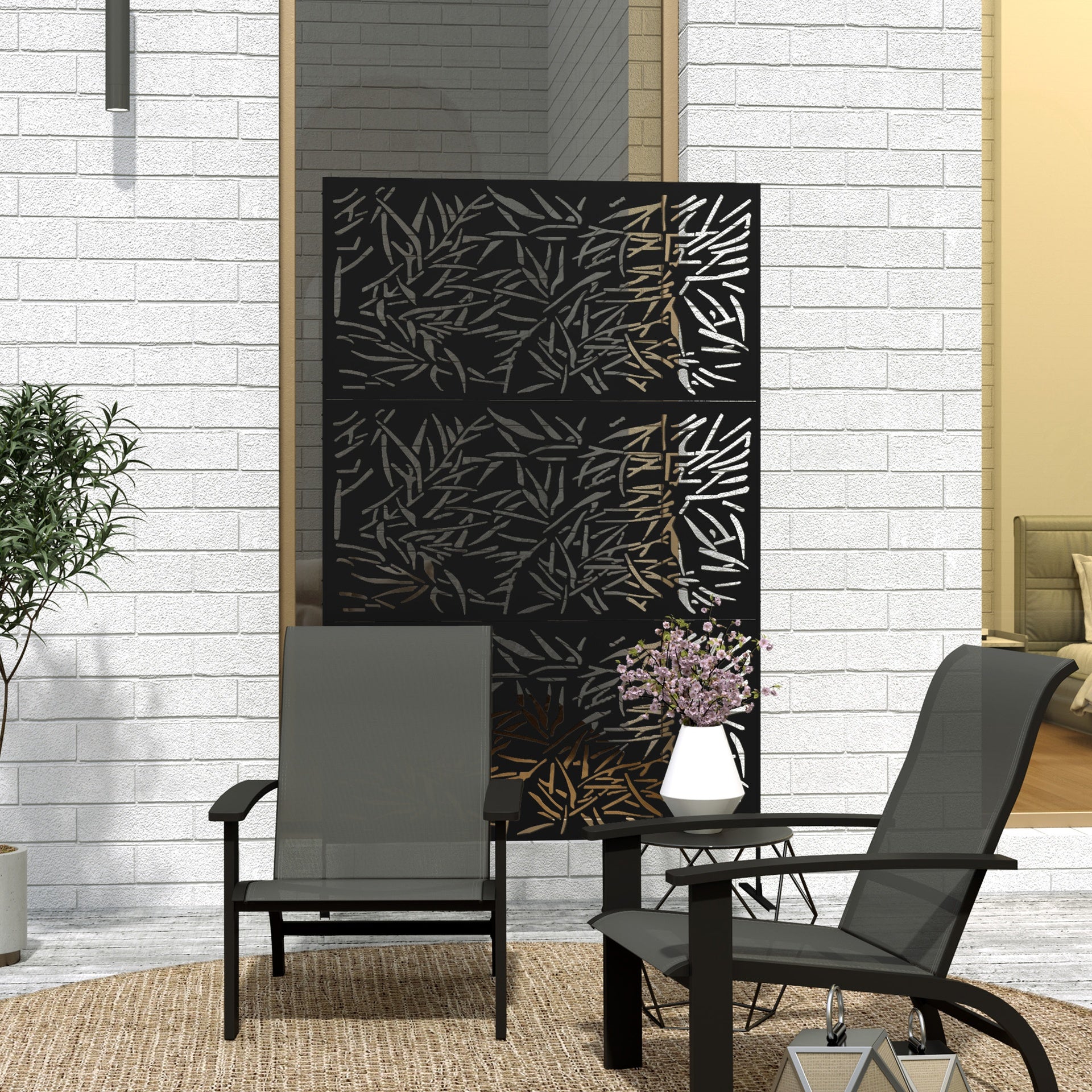 Outsunny Decorative Privacy Fence Screen, Metal Outdoor Privacy Screen Climbing Plant Trellis with Stand, Bamboo Black