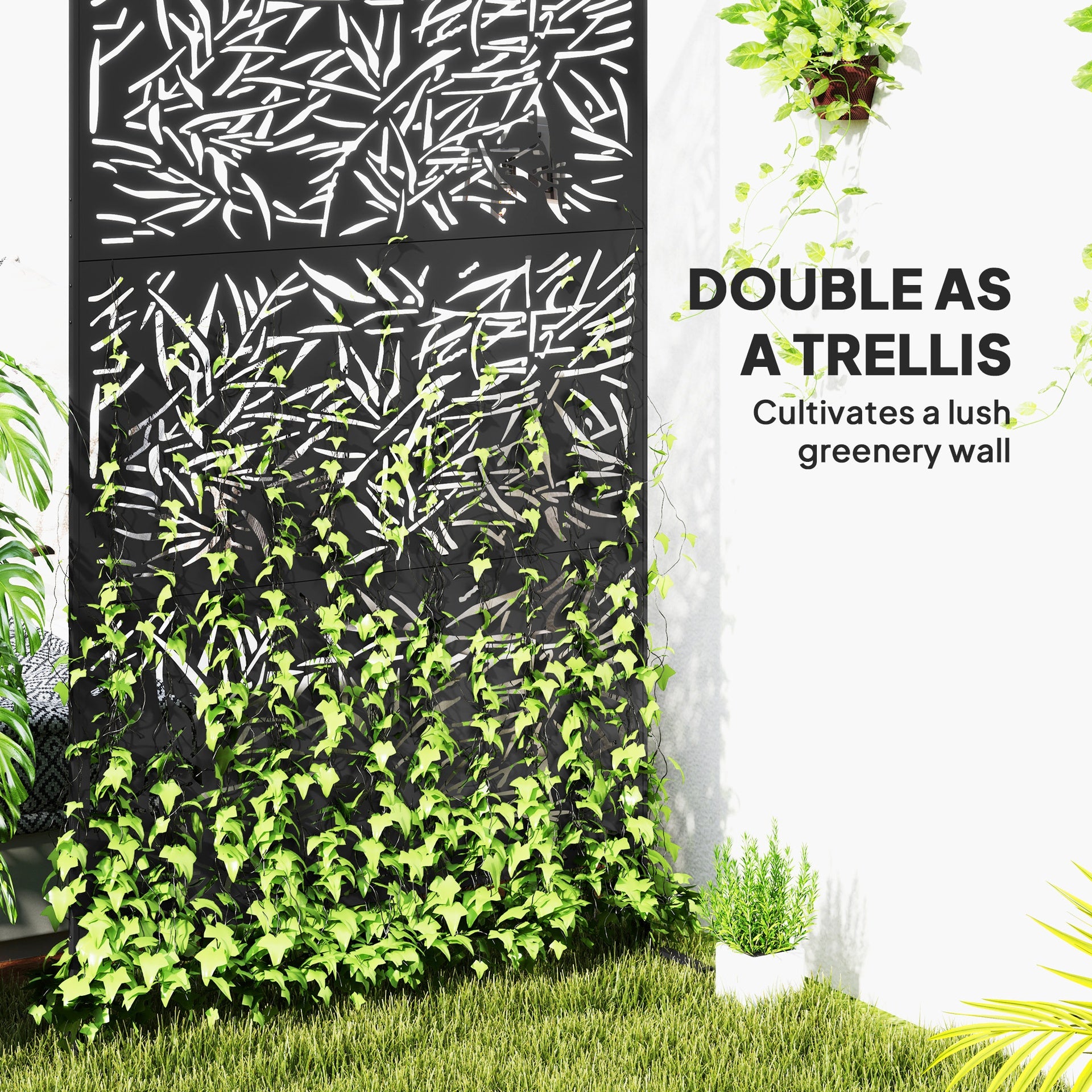 Outsunny Decorative Privacy Fence Screen, Metal Outdoor Privacy Screen Climbing Plant Trellis with Stand, Bamboo Black